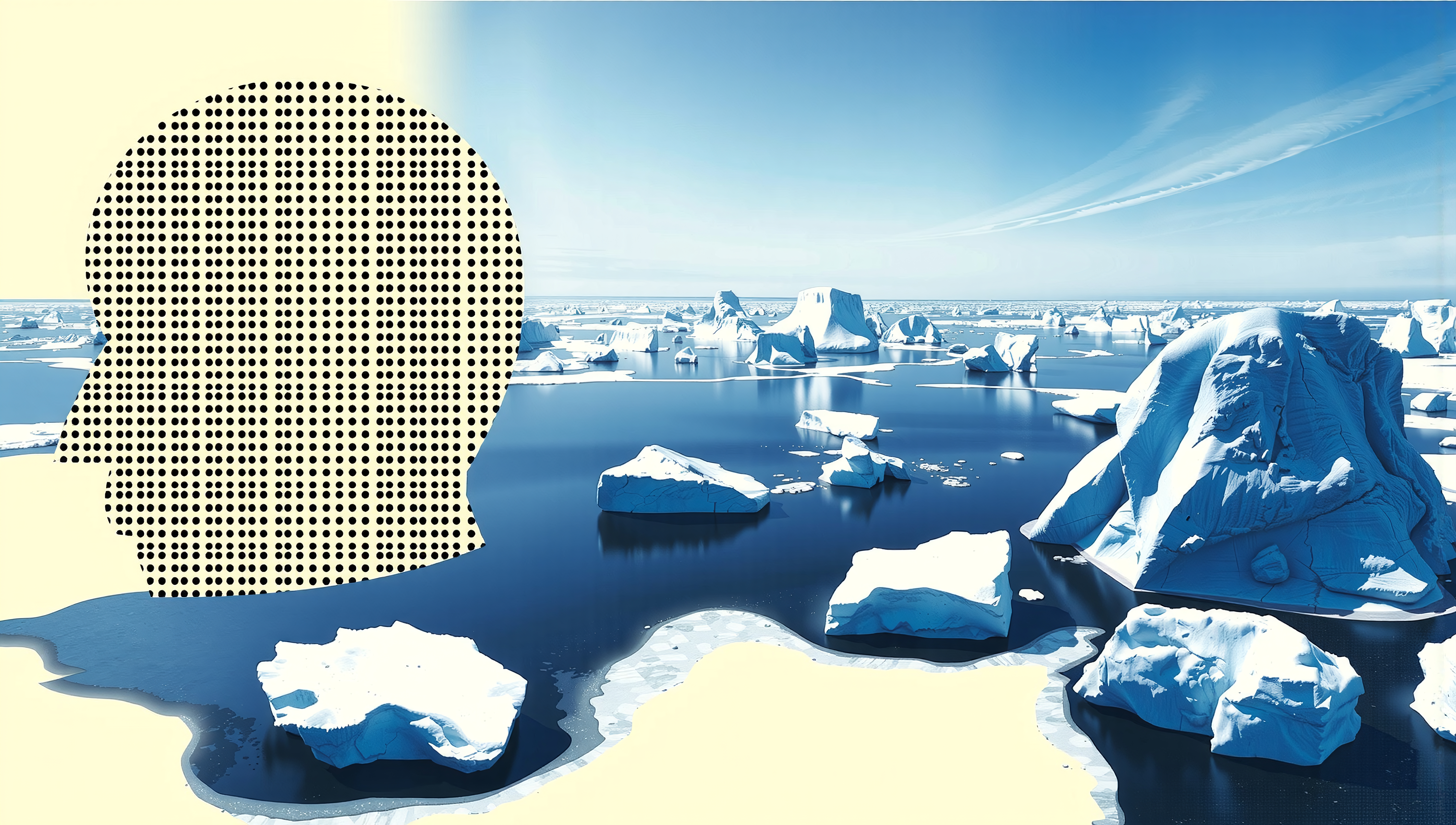 A silhouette filled with polka dots beside icy, scattered icebergs on a calm ocean under a clear blue sky.