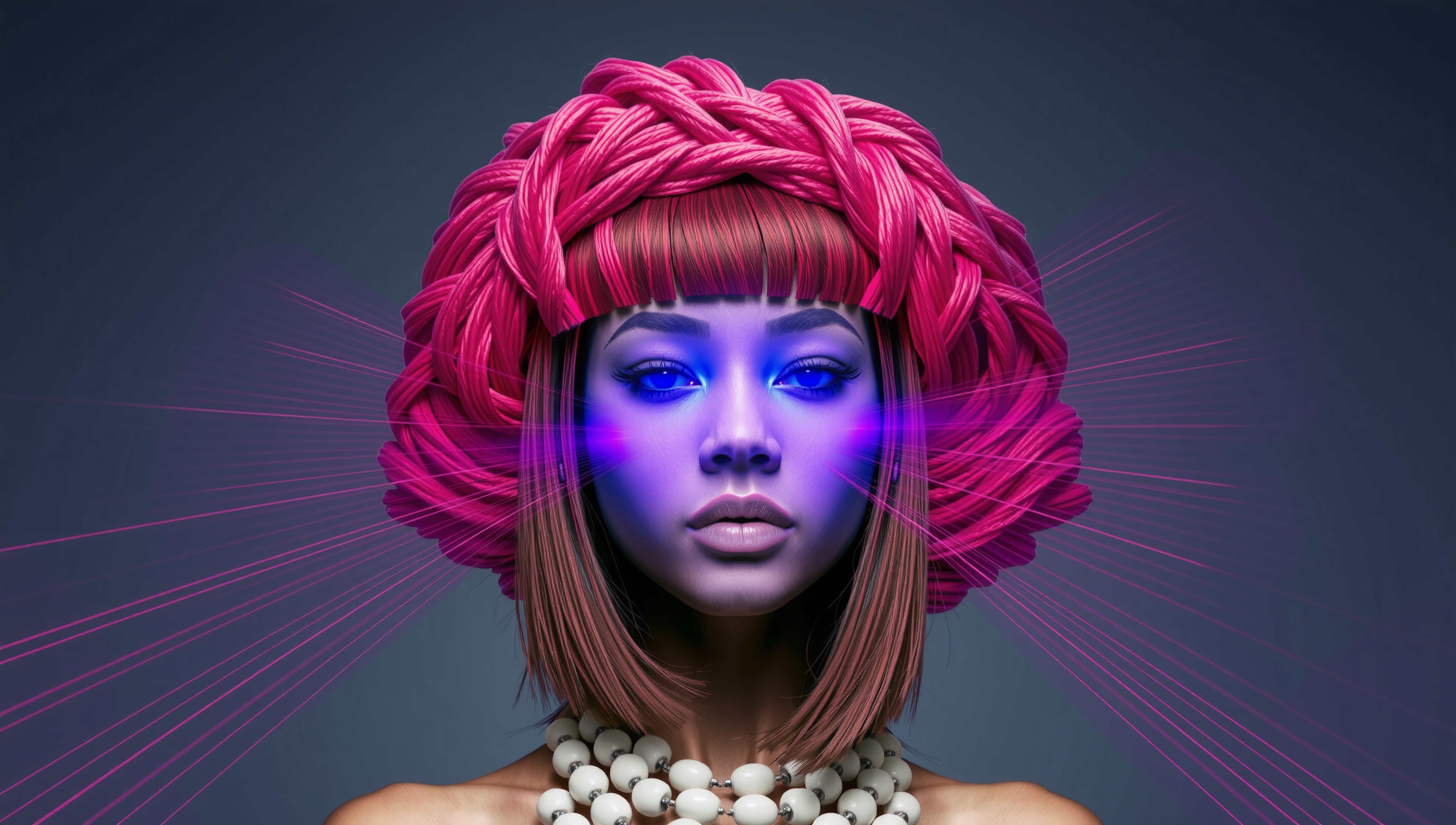 Futuristic portrait of a woman with pink braided hair and glowing blue eyes.