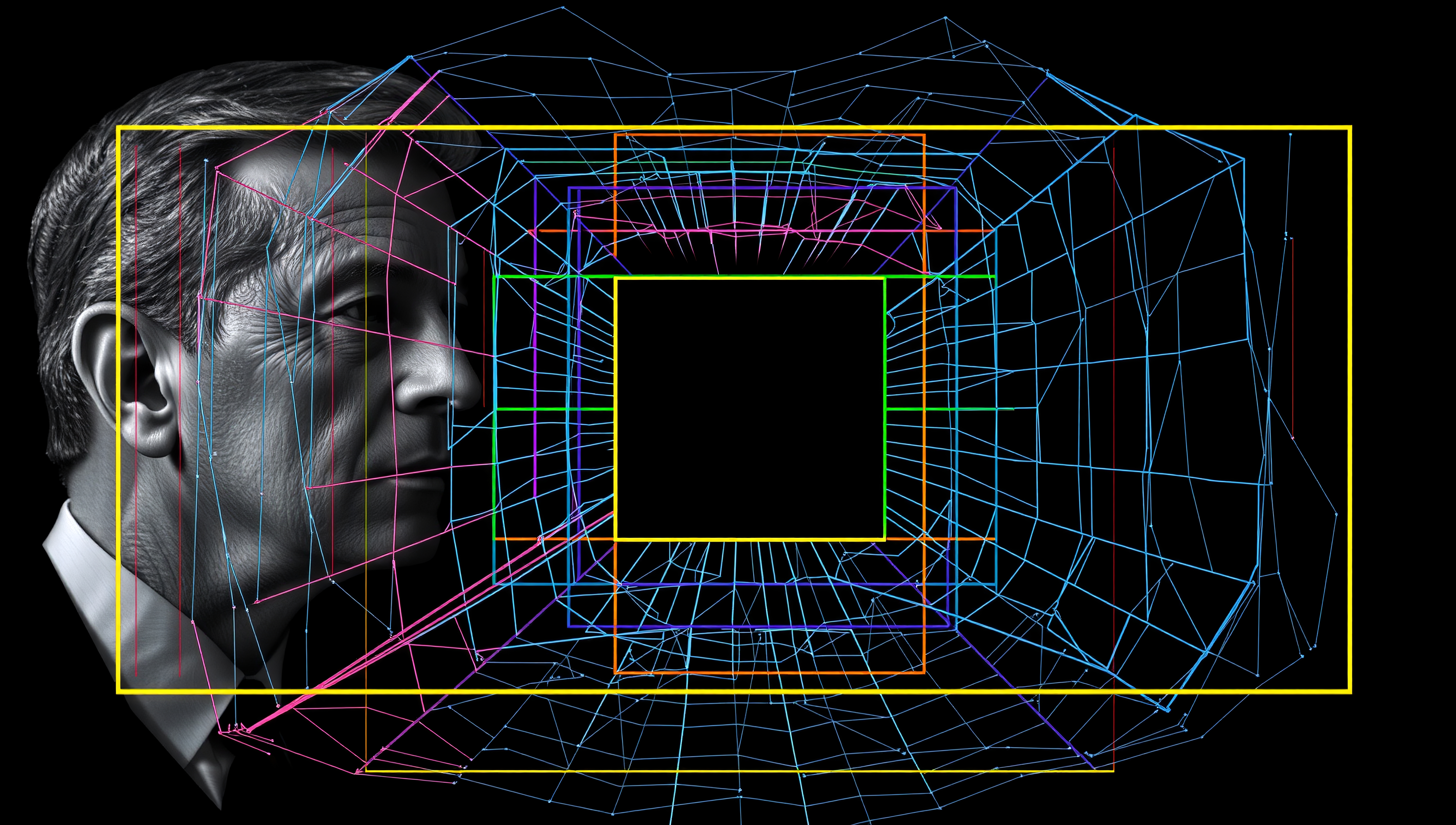 A man's face intersected with vibrant geometric wireframes on a black background.