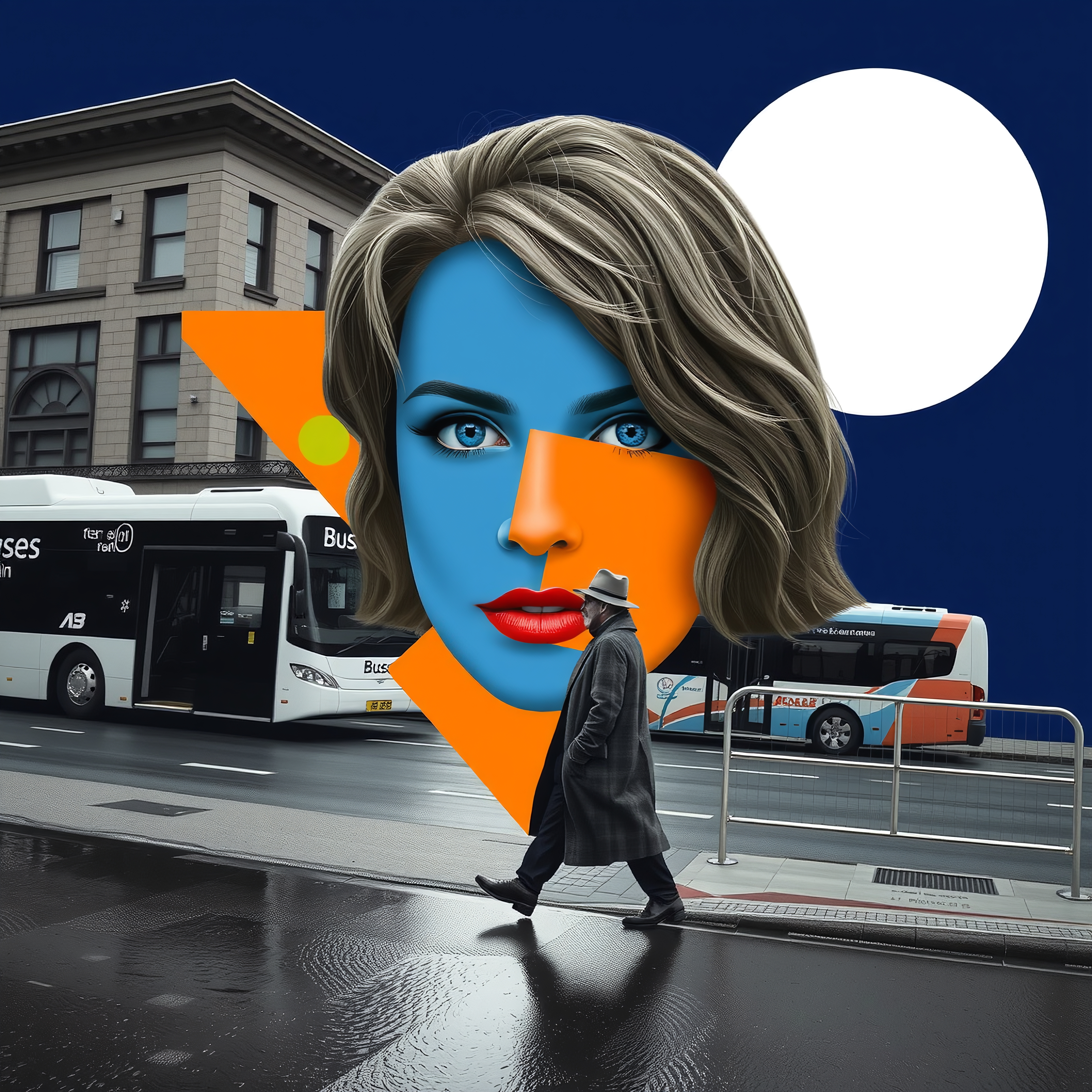 A man walks past a surreal mural in a bustling urban setting, with buses and a modern building nearby.