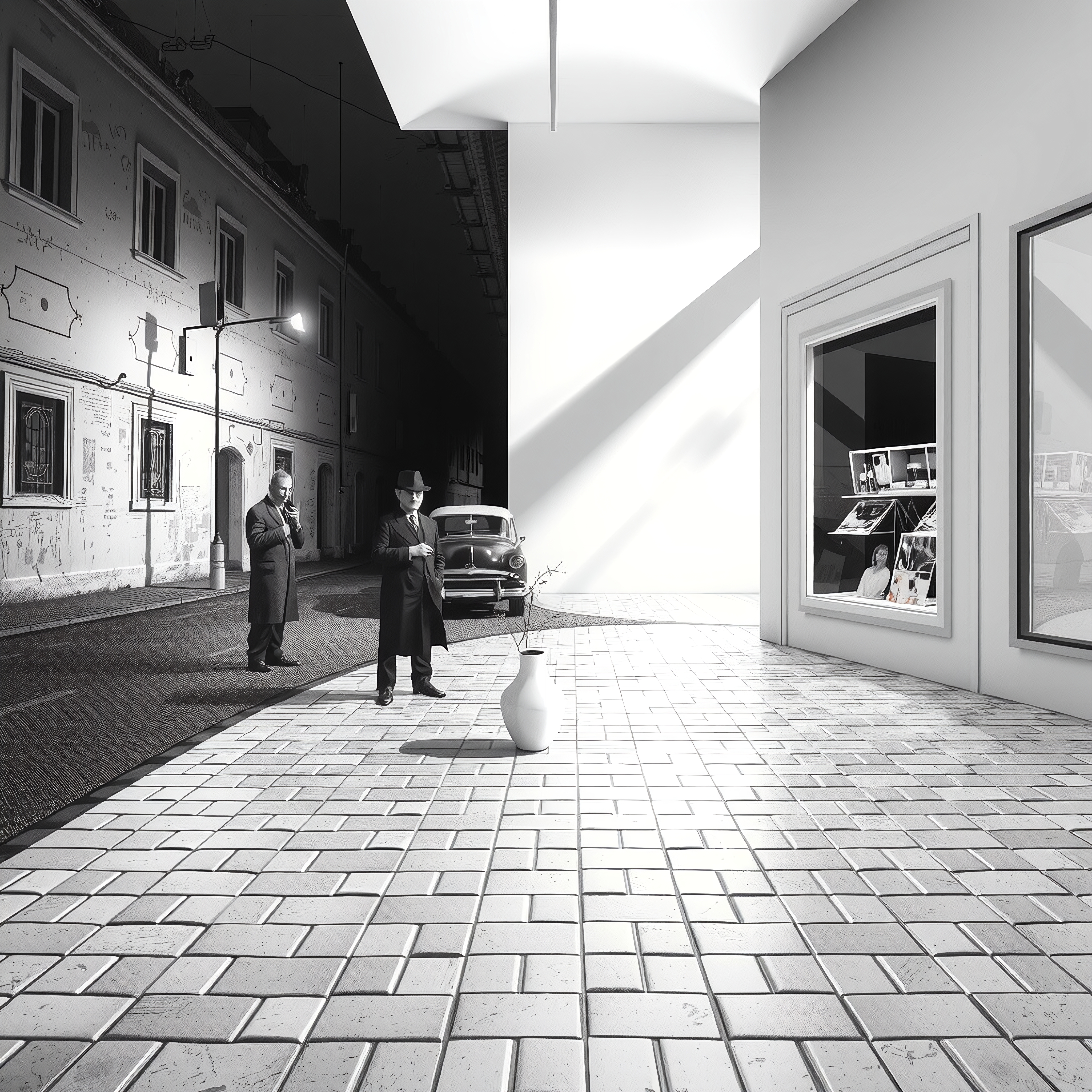 Urban scene with vintage car and men in classic attire standing amidst light and shadow contrasts.