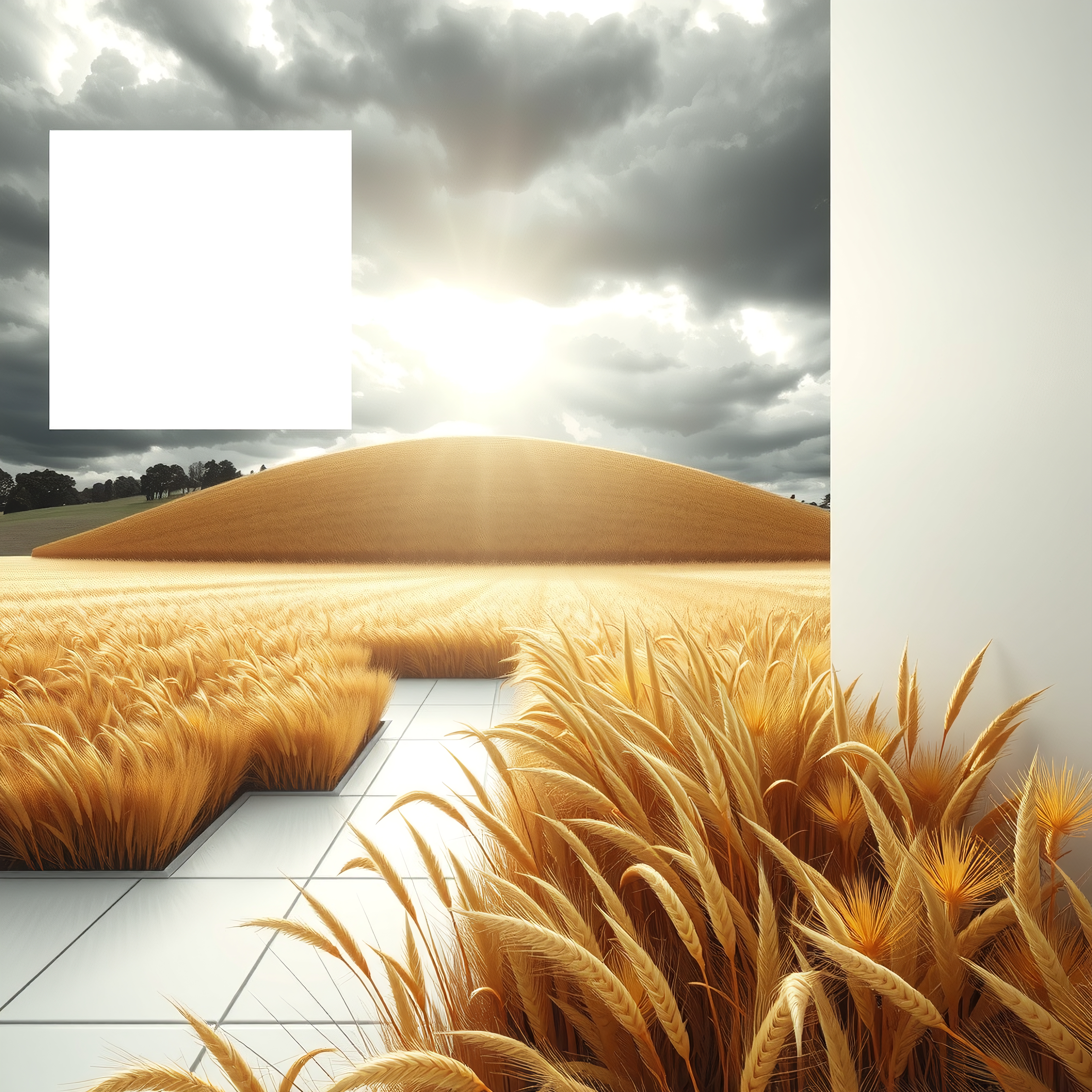 Golden wheat fields meet concrete tiles under a sunlit sky.