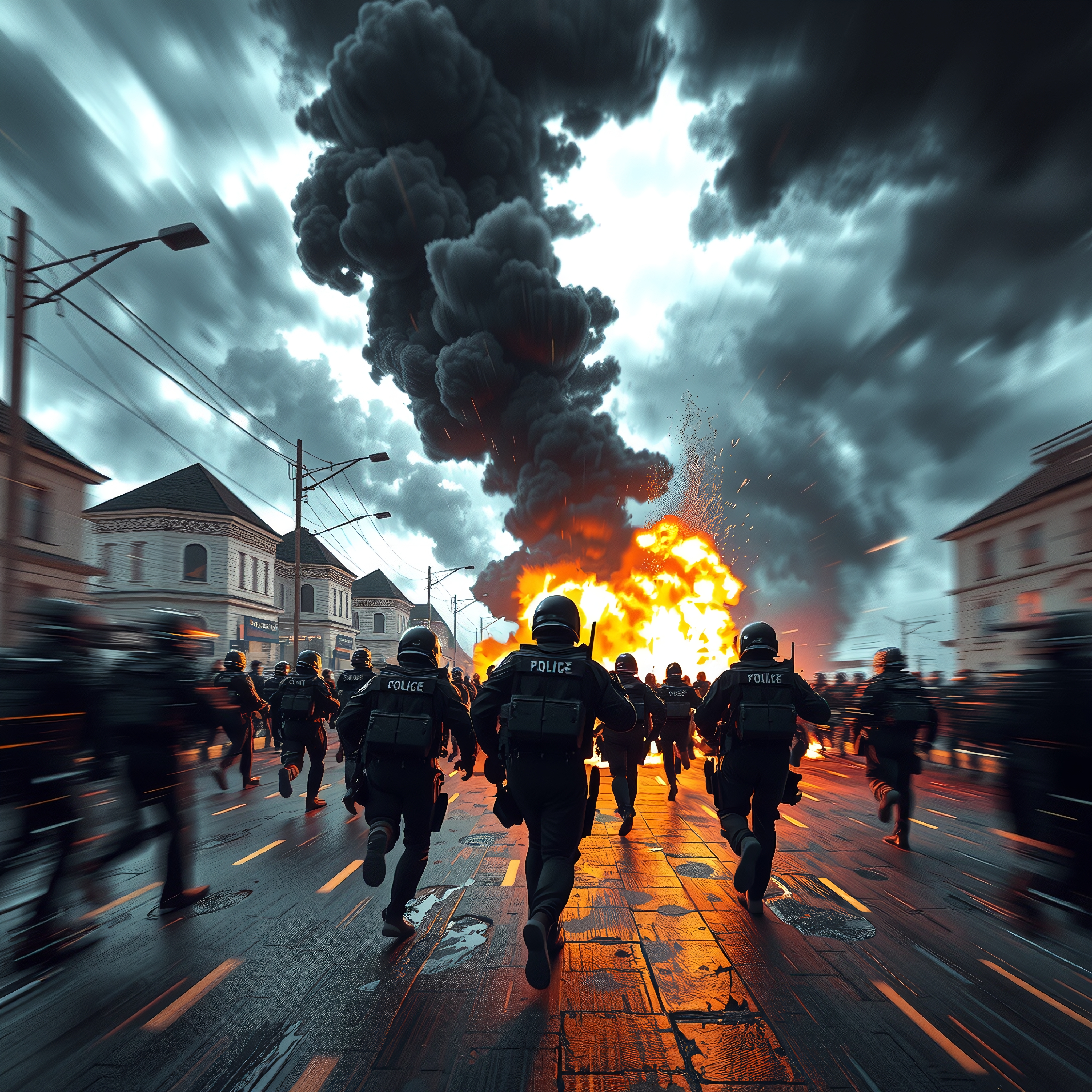 A team of riot police runs toward a large explosion on a city street with dark clouds overhead.