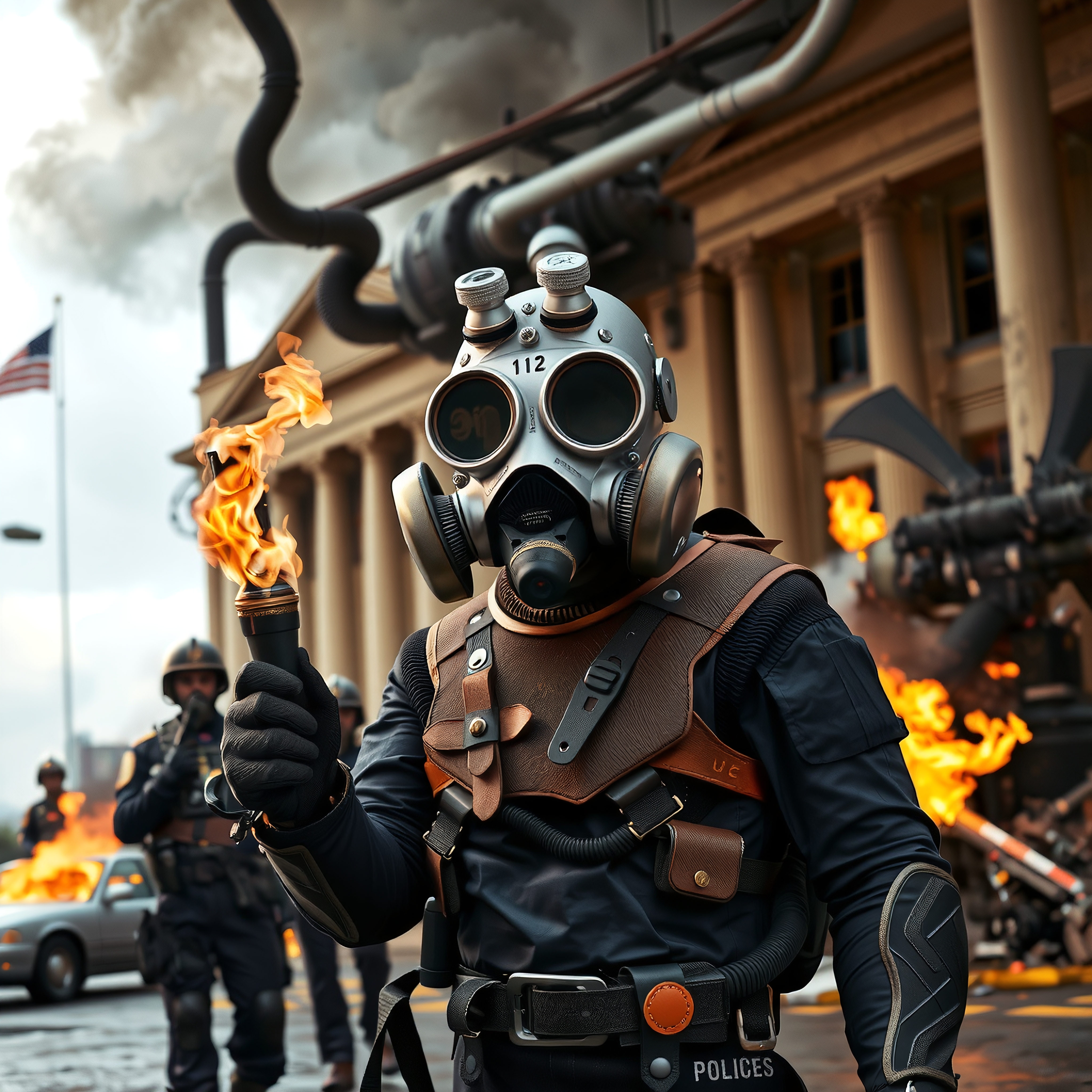 A person in futuristic gear holds a torch amid chaos against a city backdrop.