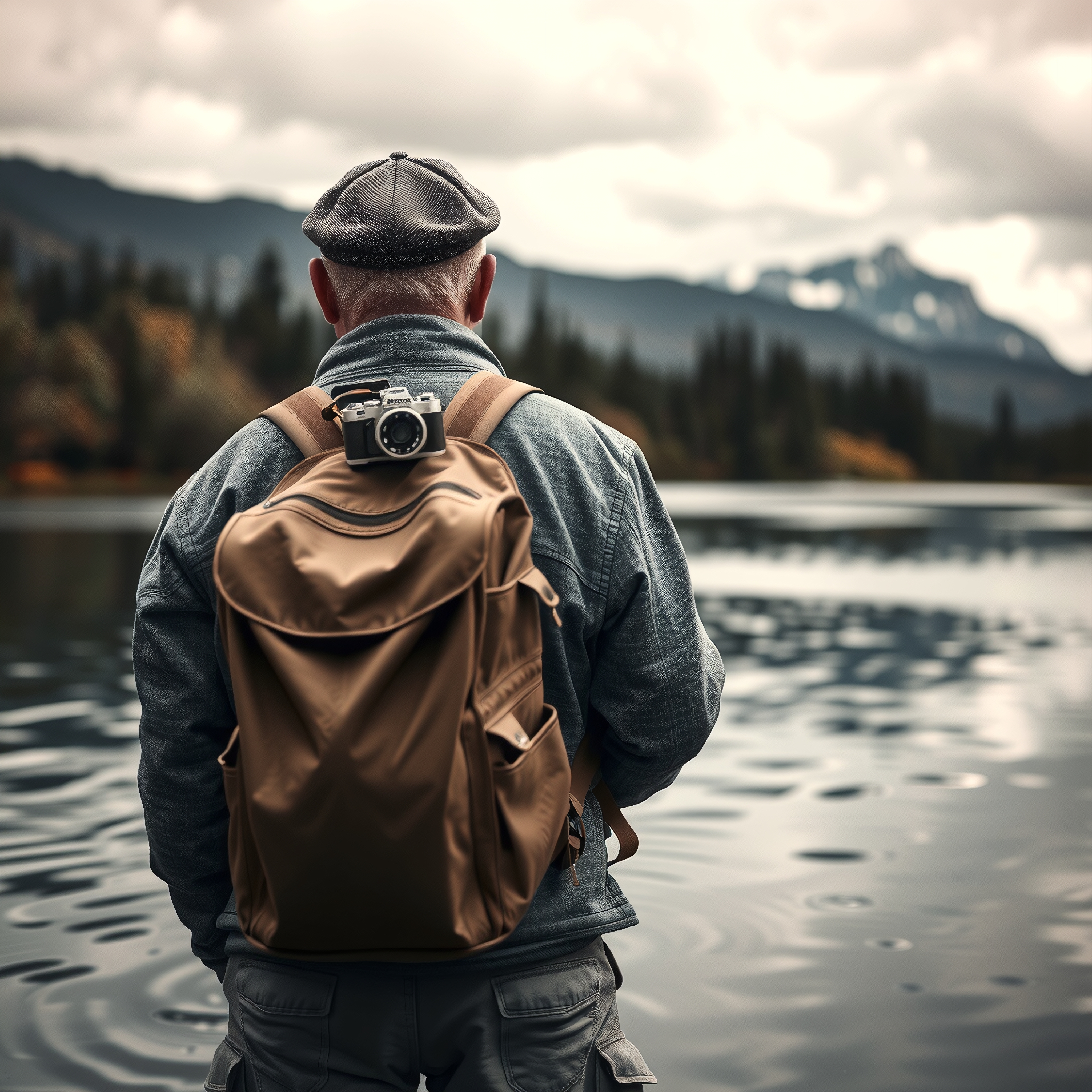 A man with a backpack stands by a lake, surrounded by mountains and trees, under a cloudy sky.