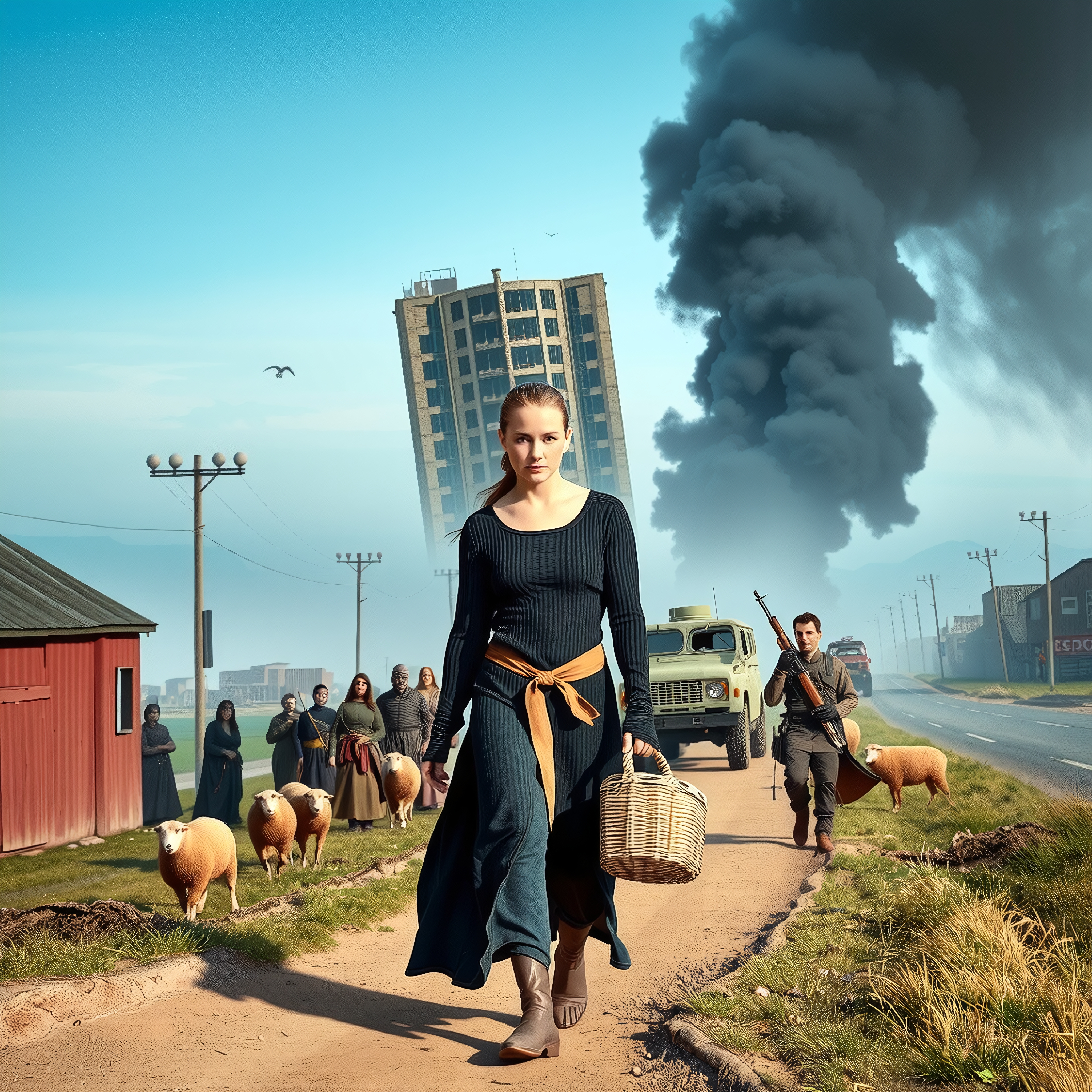 A woman walks with a basket along a rural path, sheep, tilted building and smoke in the background.