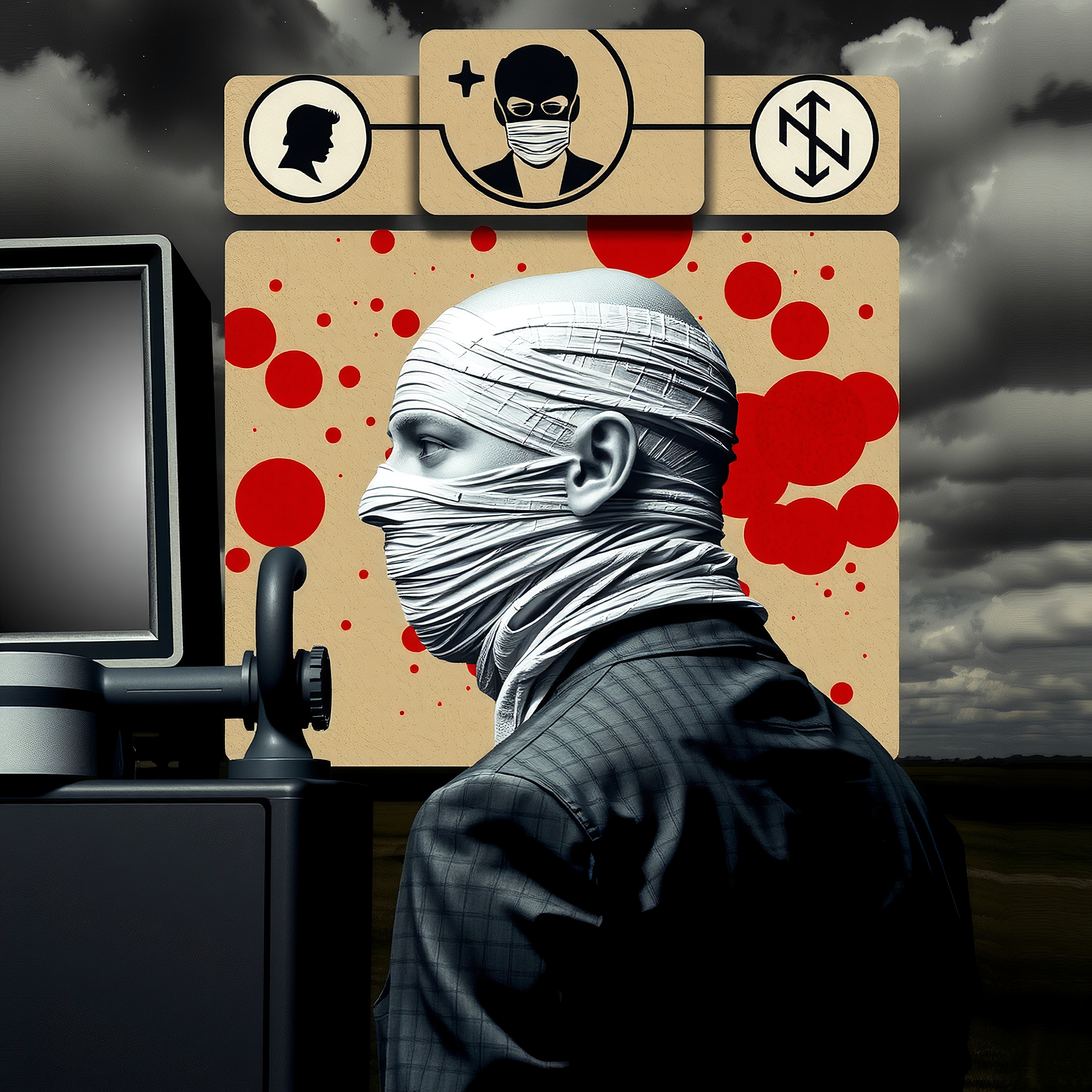 A bandaged figure beside abstract machinery and icons in a surreal, moody landscape.