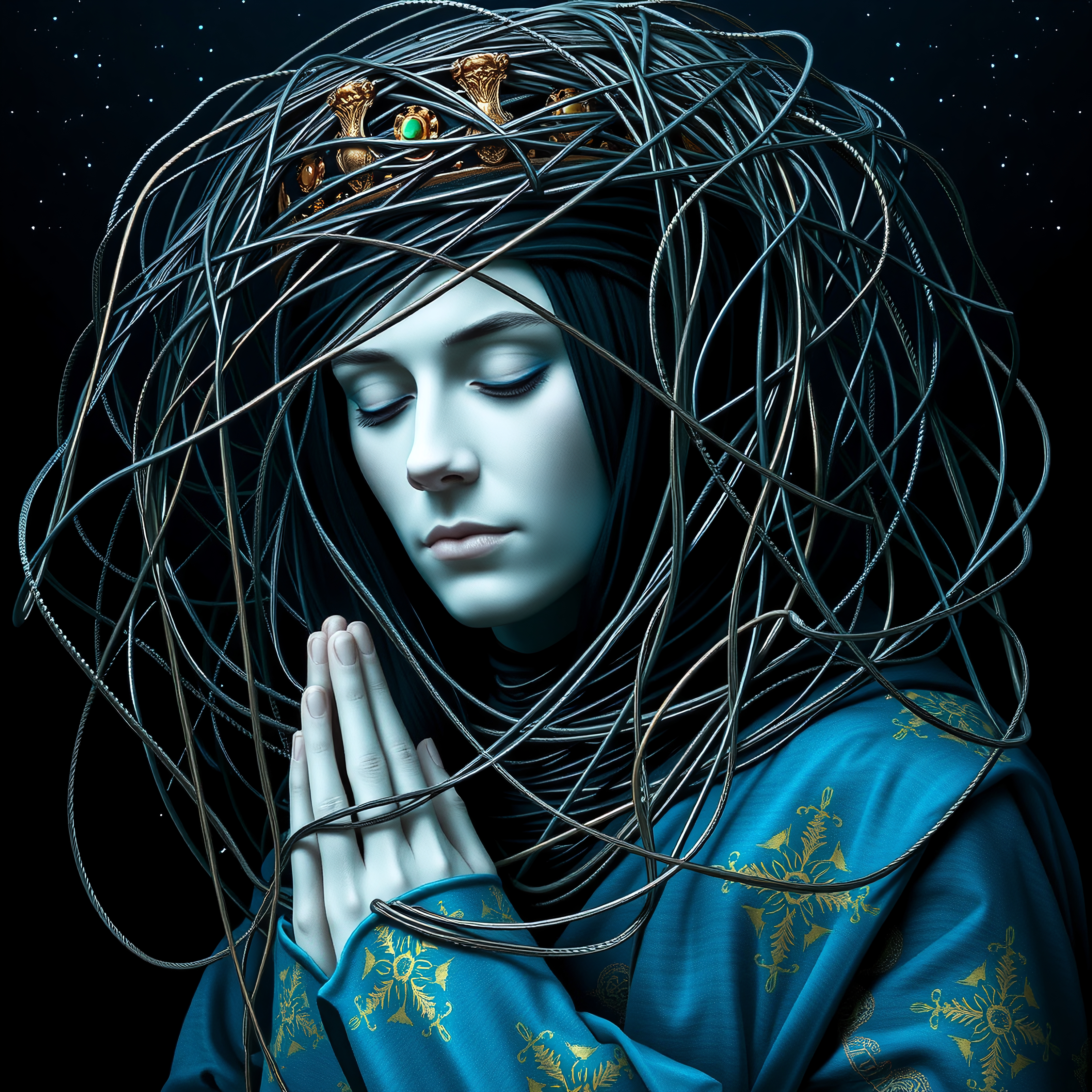 A serene woman in blue with crown and tangled wires under a starry sky.