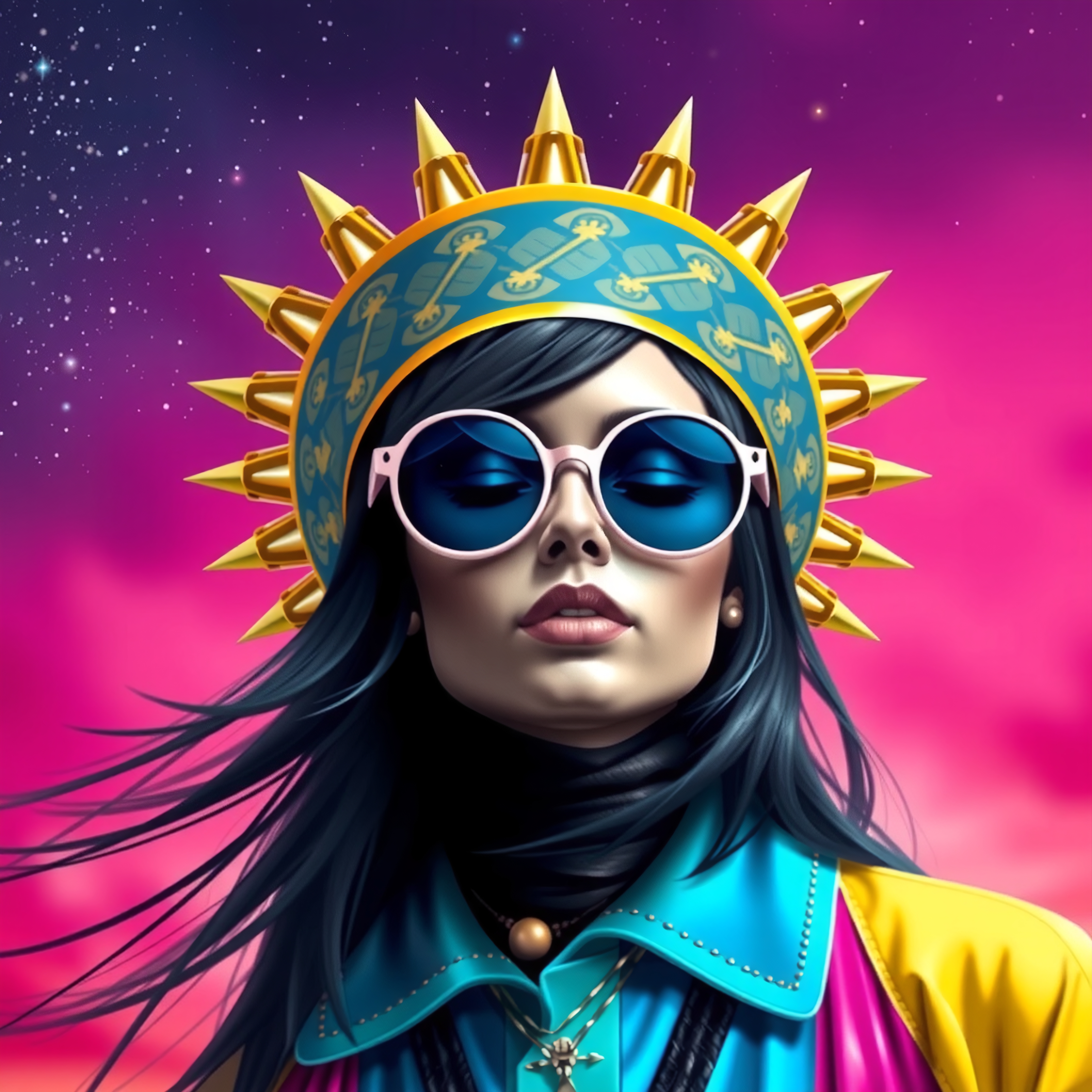Stylish woman in cosmic-themed portrait with vibrant colors and sunglasses.