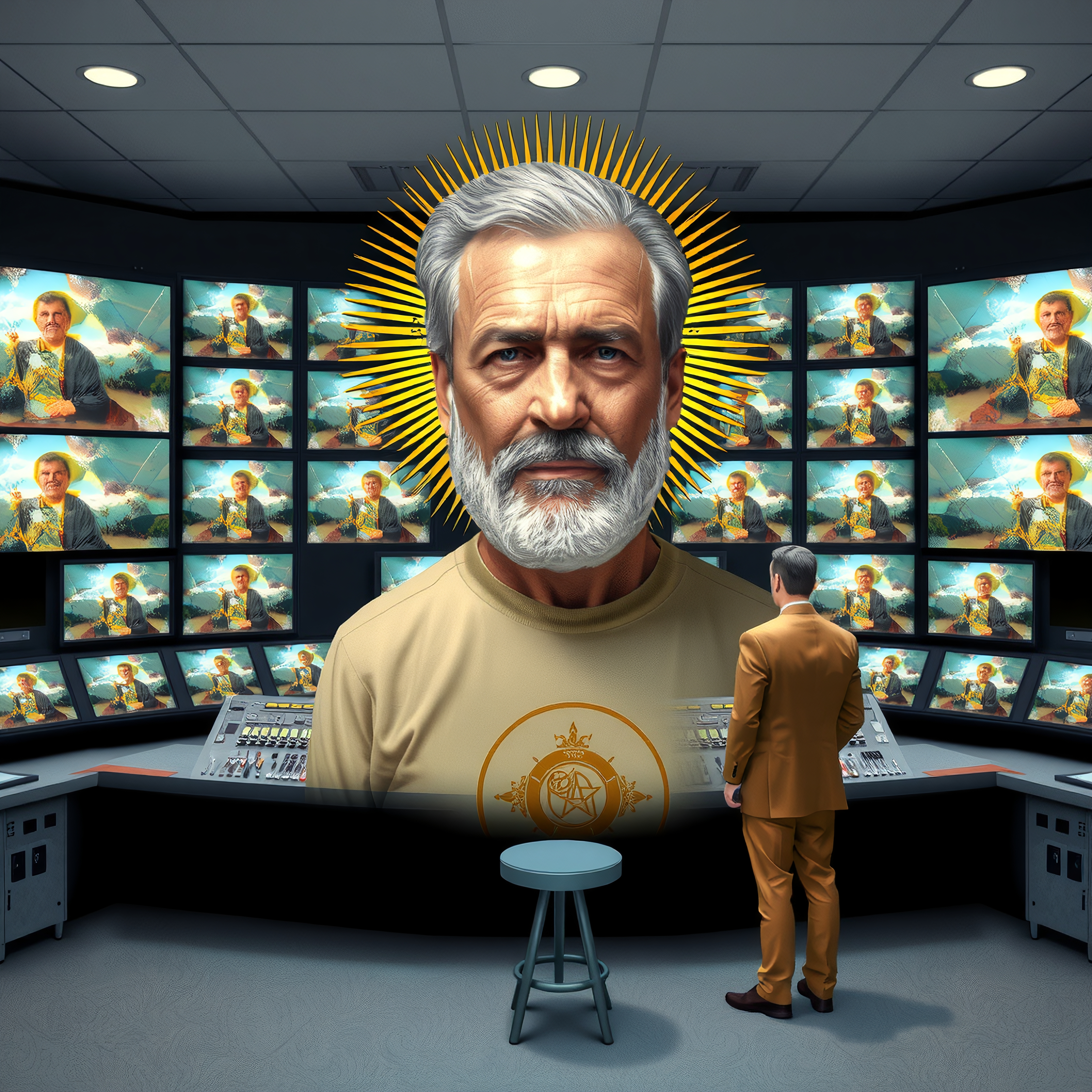 A man in a control room observes multiple screens displaying a serene older gentleman with a halo, suggesting divinity, in a sophisticated and high-tech environment.