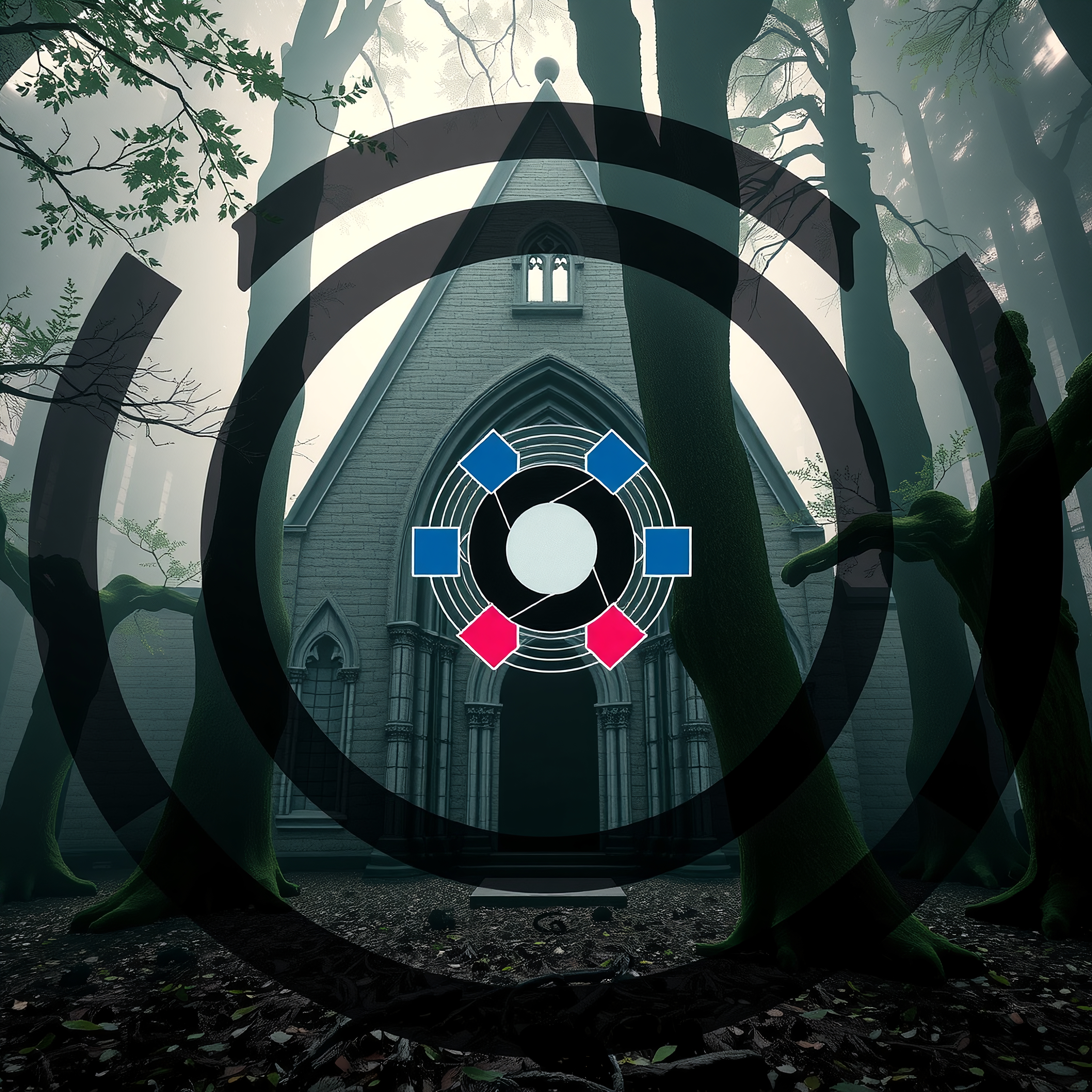 A mysterious chapel in a foggy forest with geometric shapes.