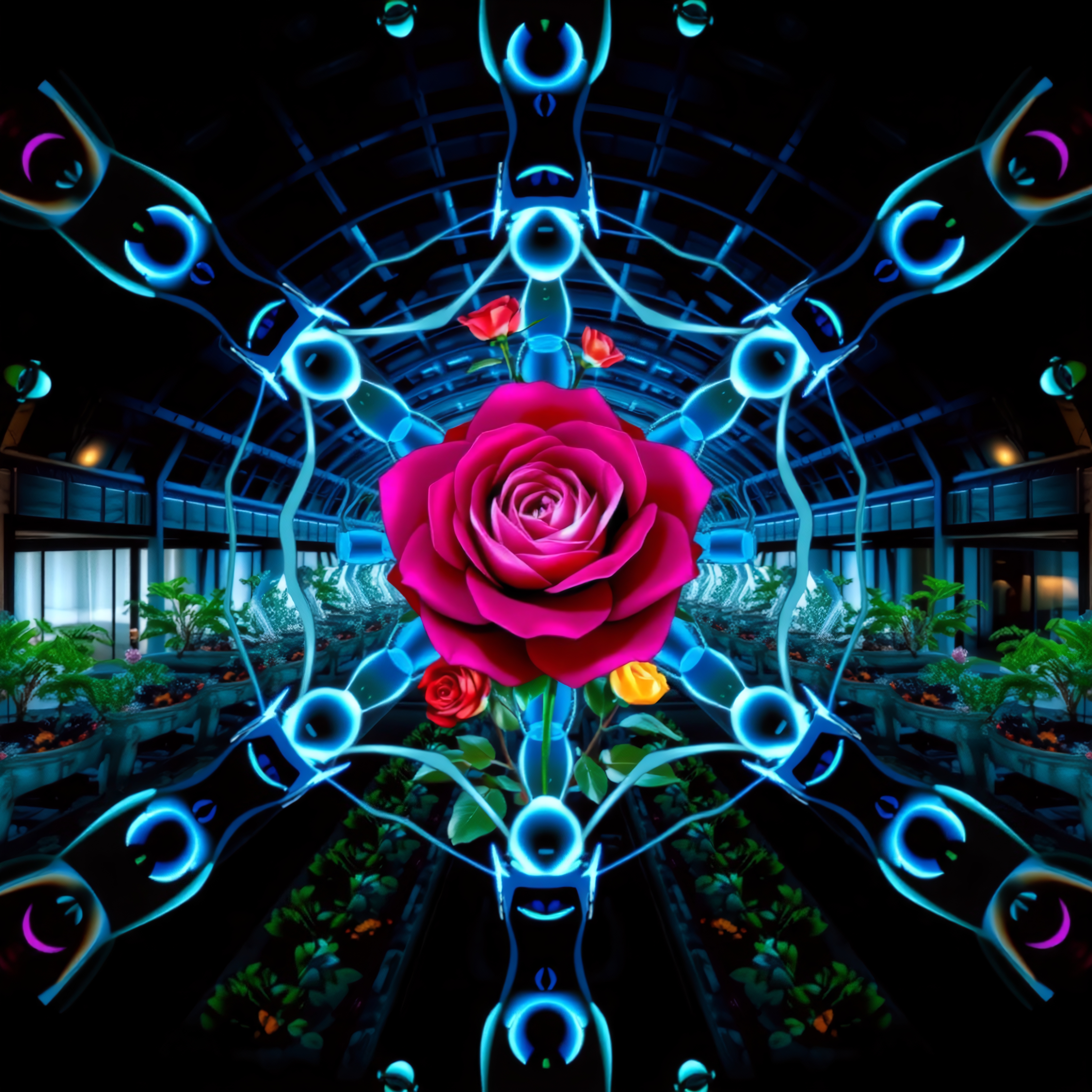 Vibrant magenta rose in a futuristic greenhouse with glowing blue circuit elements and lush greenery.