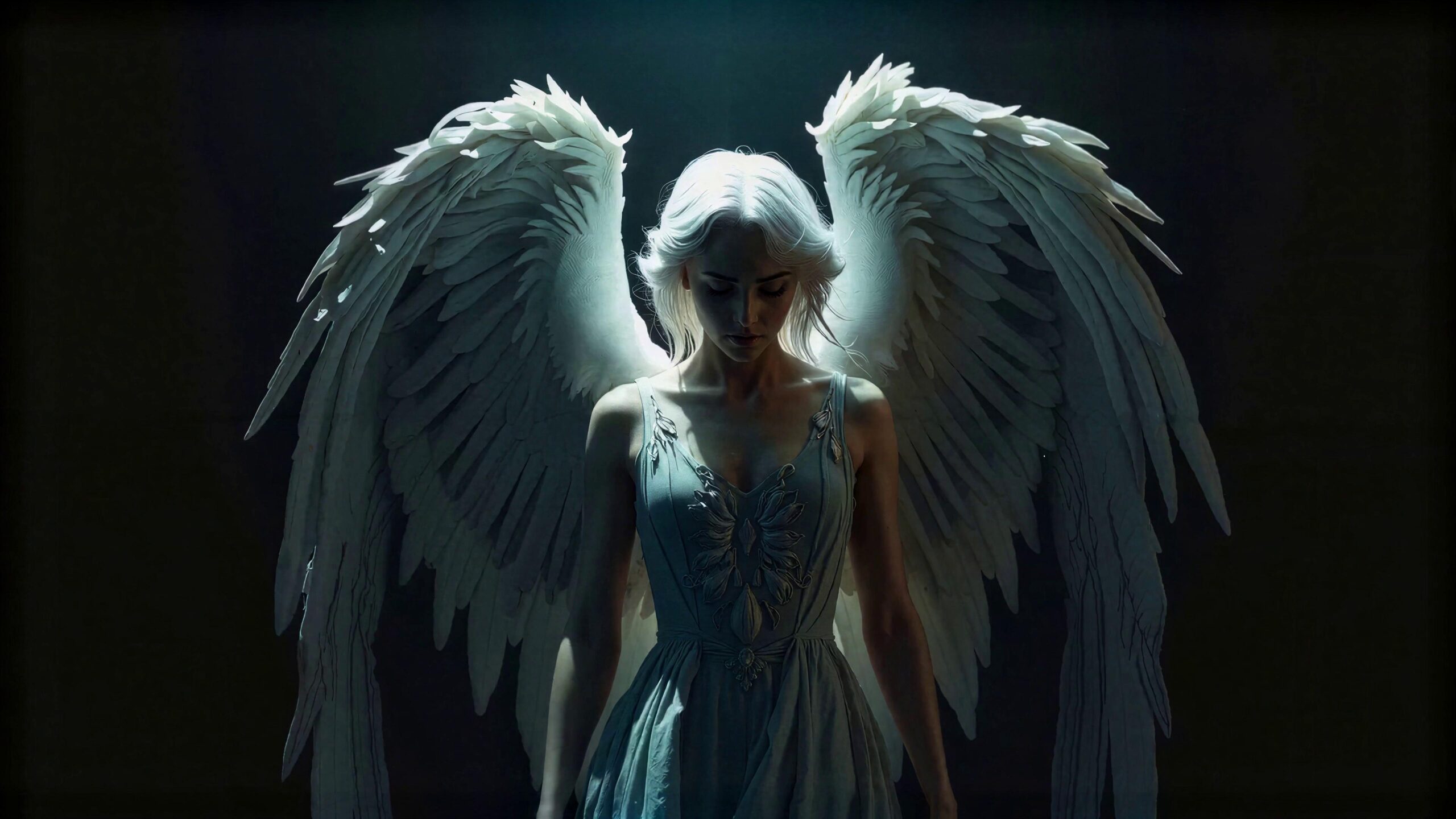 4K video of a white-winged angel standing illuminated dramatically in darkness