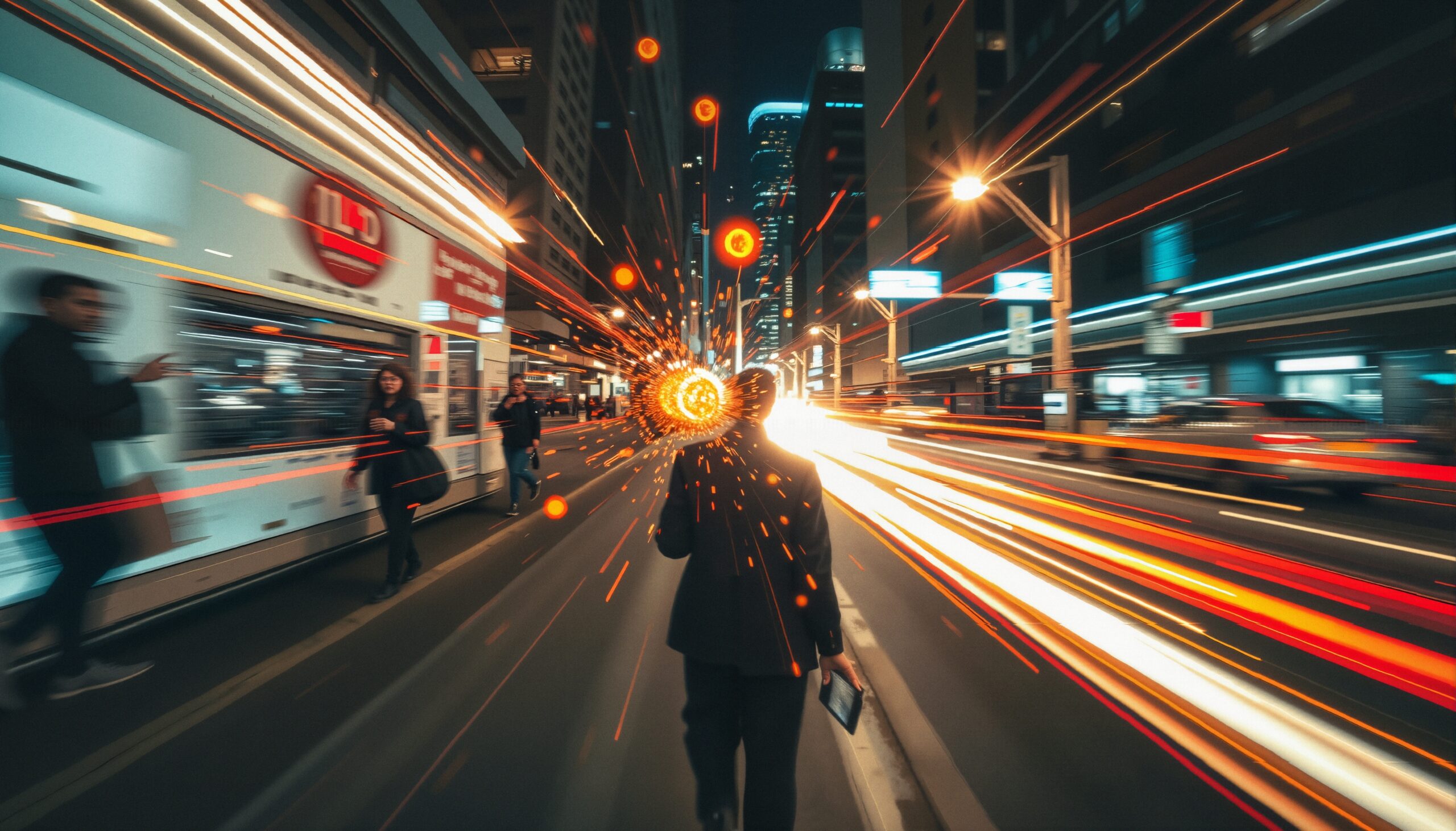 Dynamic street scene with vibrant lights and motion in a bustling urban setting at night.