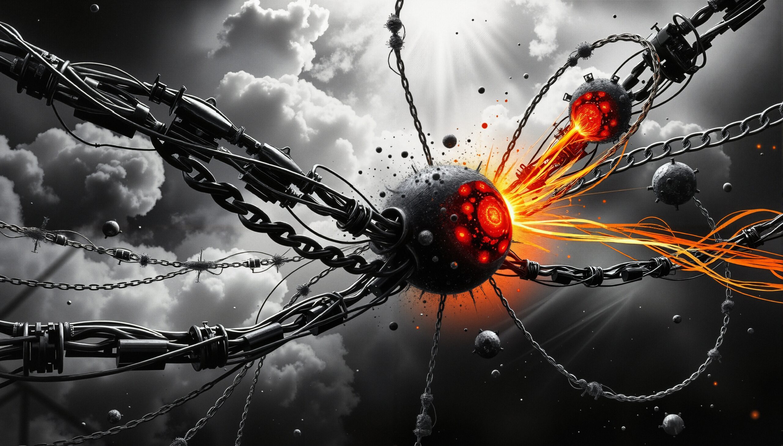 Futuristic interconnected spheres with glowing energy lines against cloudy sky.