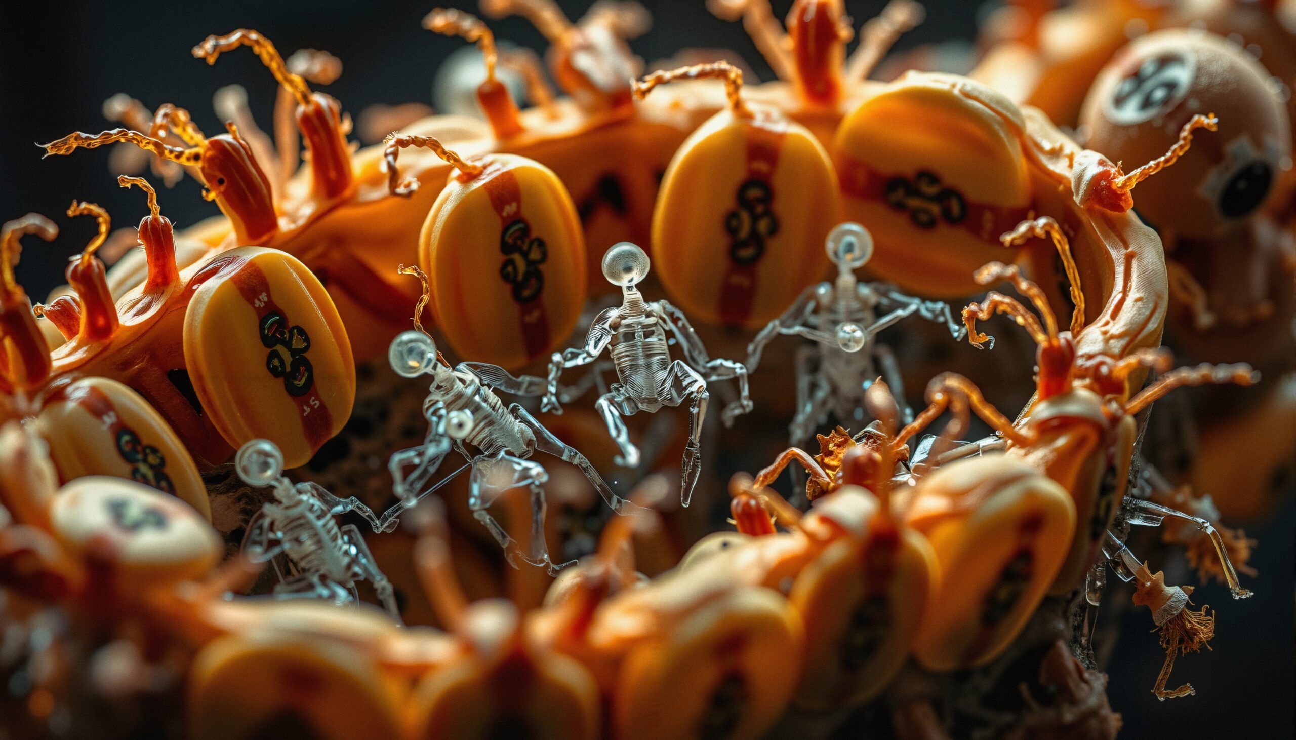 Intricate scene of miniature transparent robots surrounded by orange circular structures.