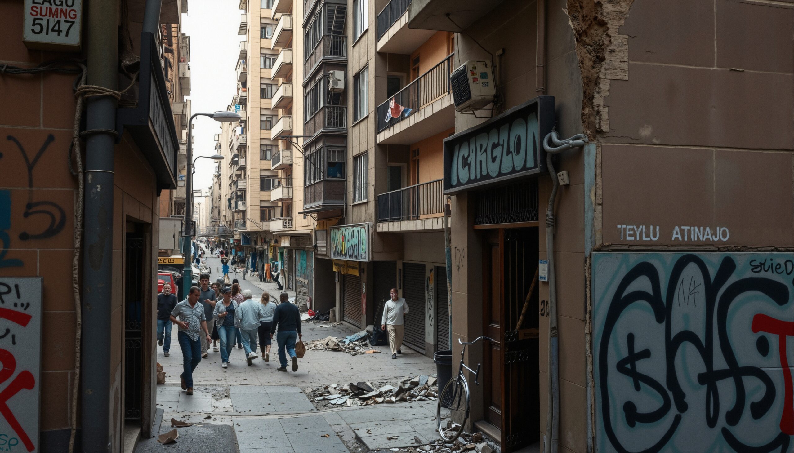A bustling city alleyway features people walking past graffiti-covered buildings and scattered debris, conveying urban resilience.
