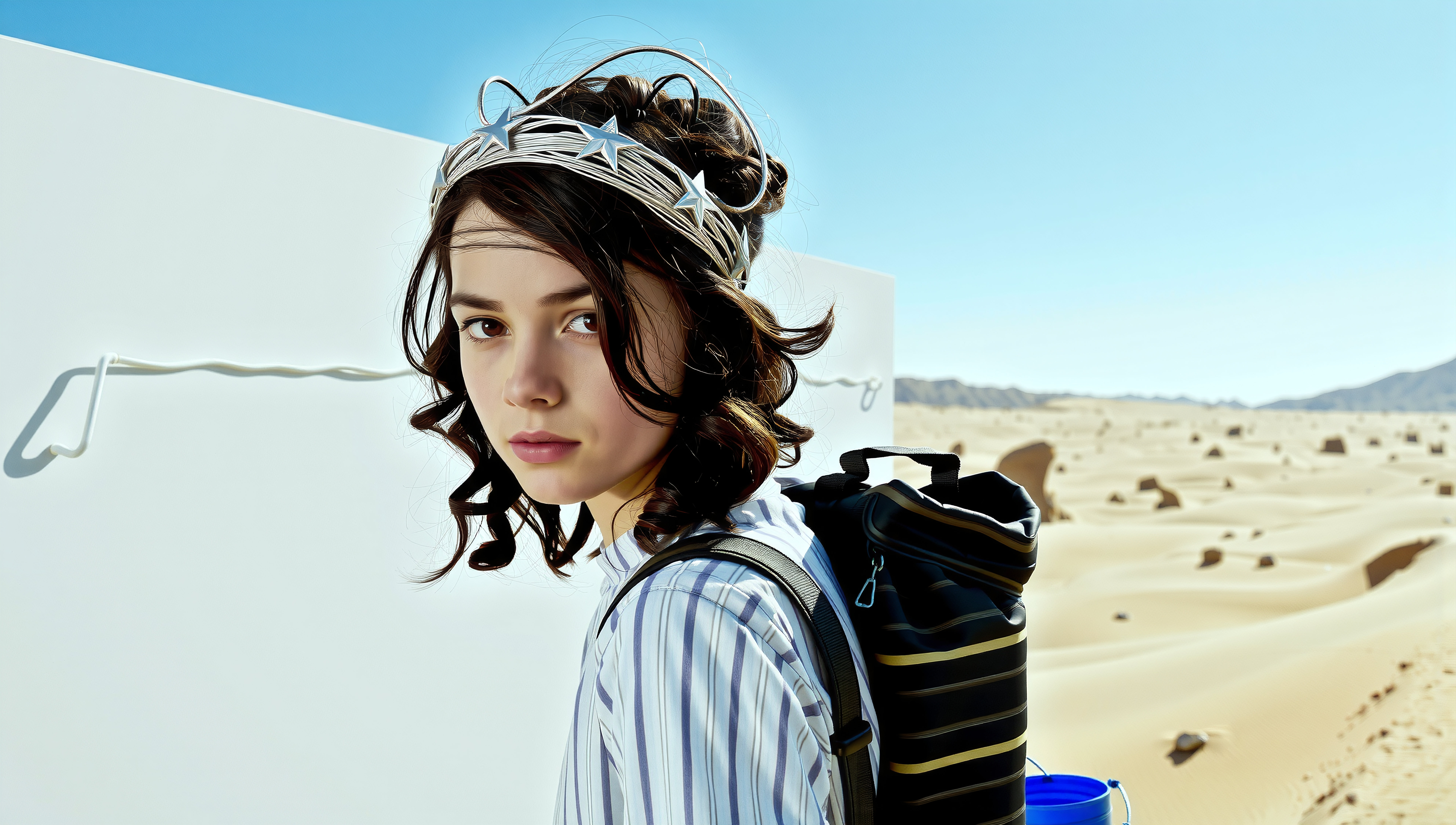 A young woman with a starry headband explores a serene desert landscape.