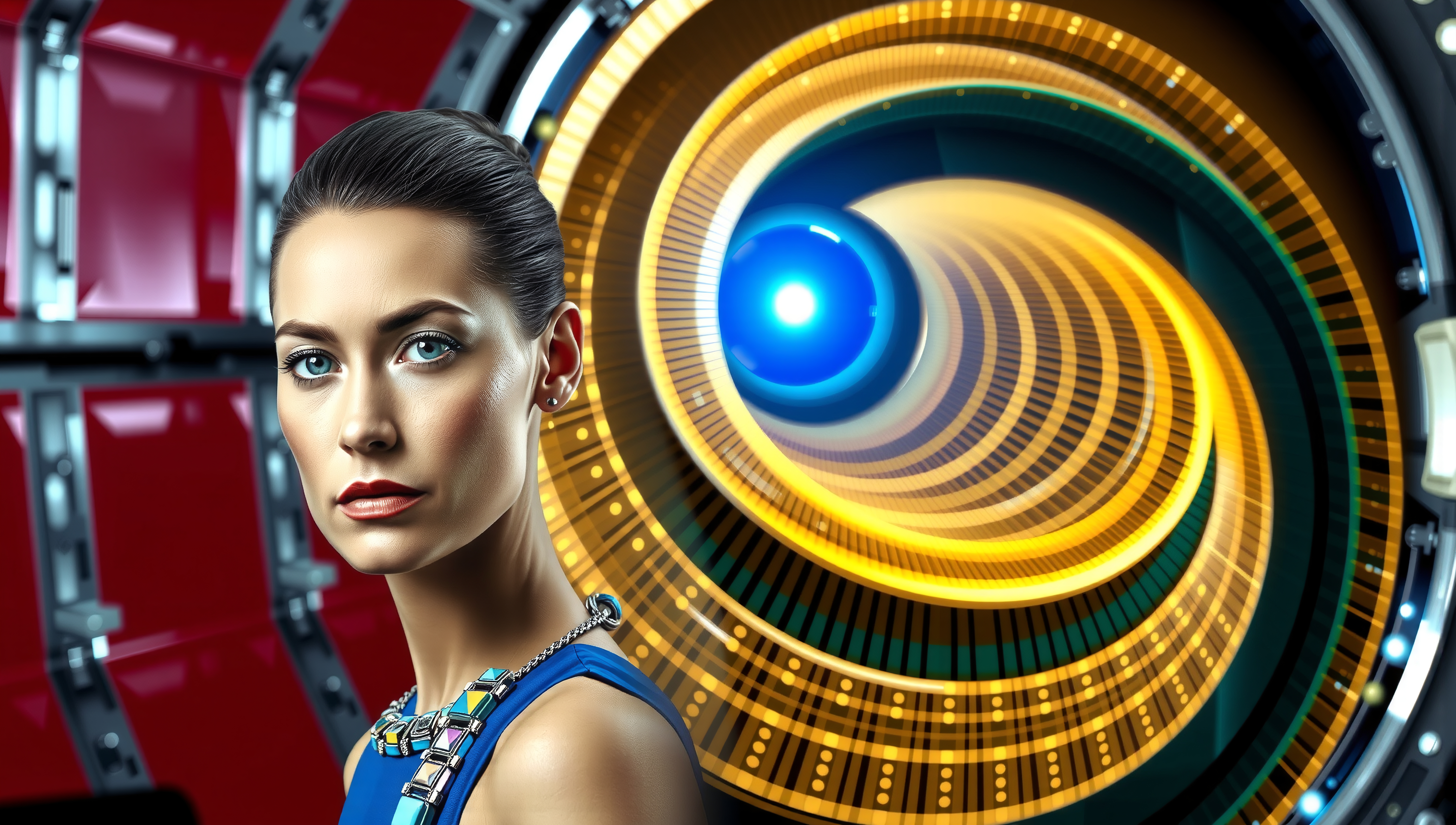 A woman in futuristic fashion stands before a high-tech glowing device, symbolizing the intersection of style and technology.