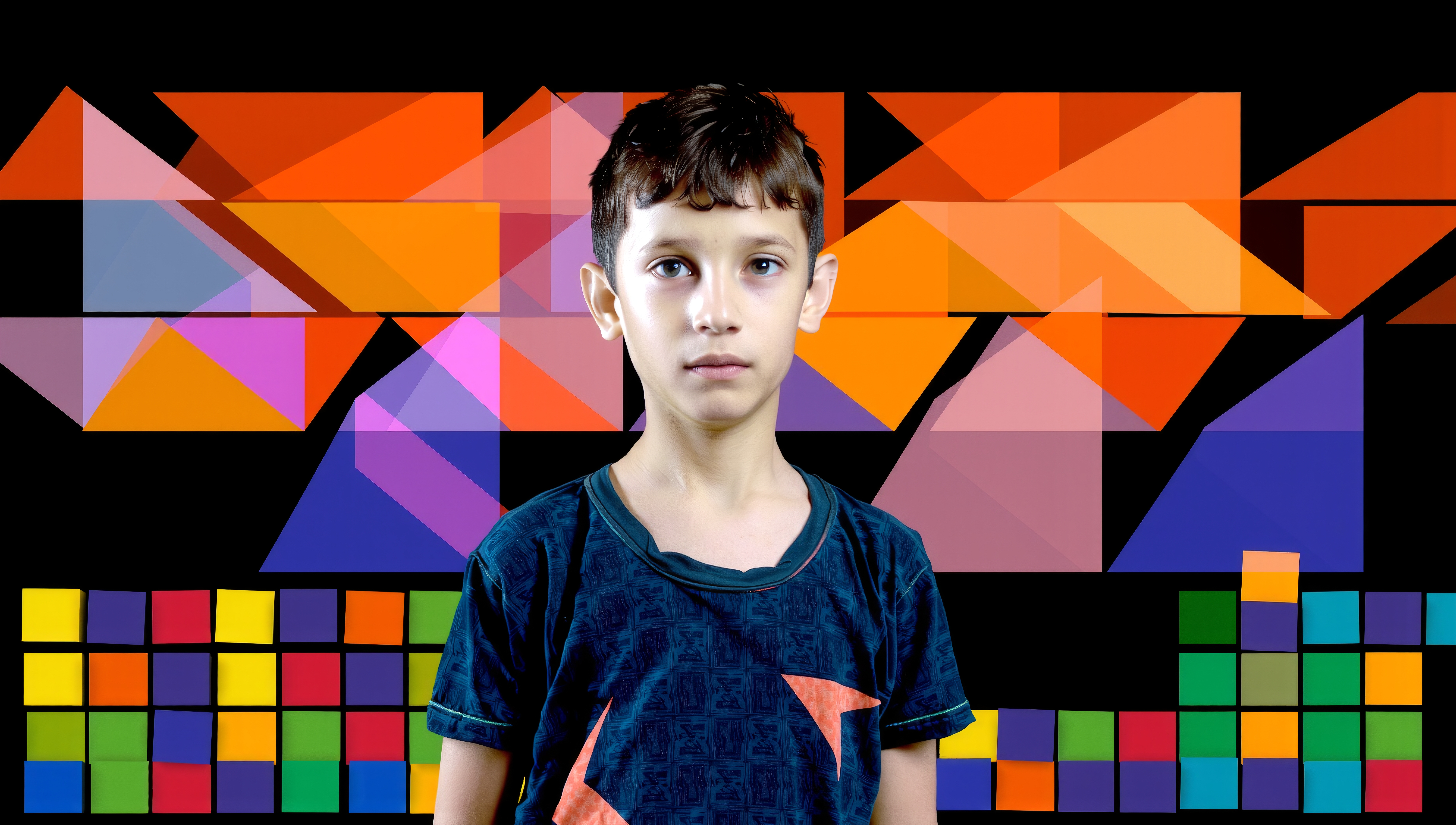 A young boy stands before a vibrant geometric background, showcasing colorful abstract shapes.