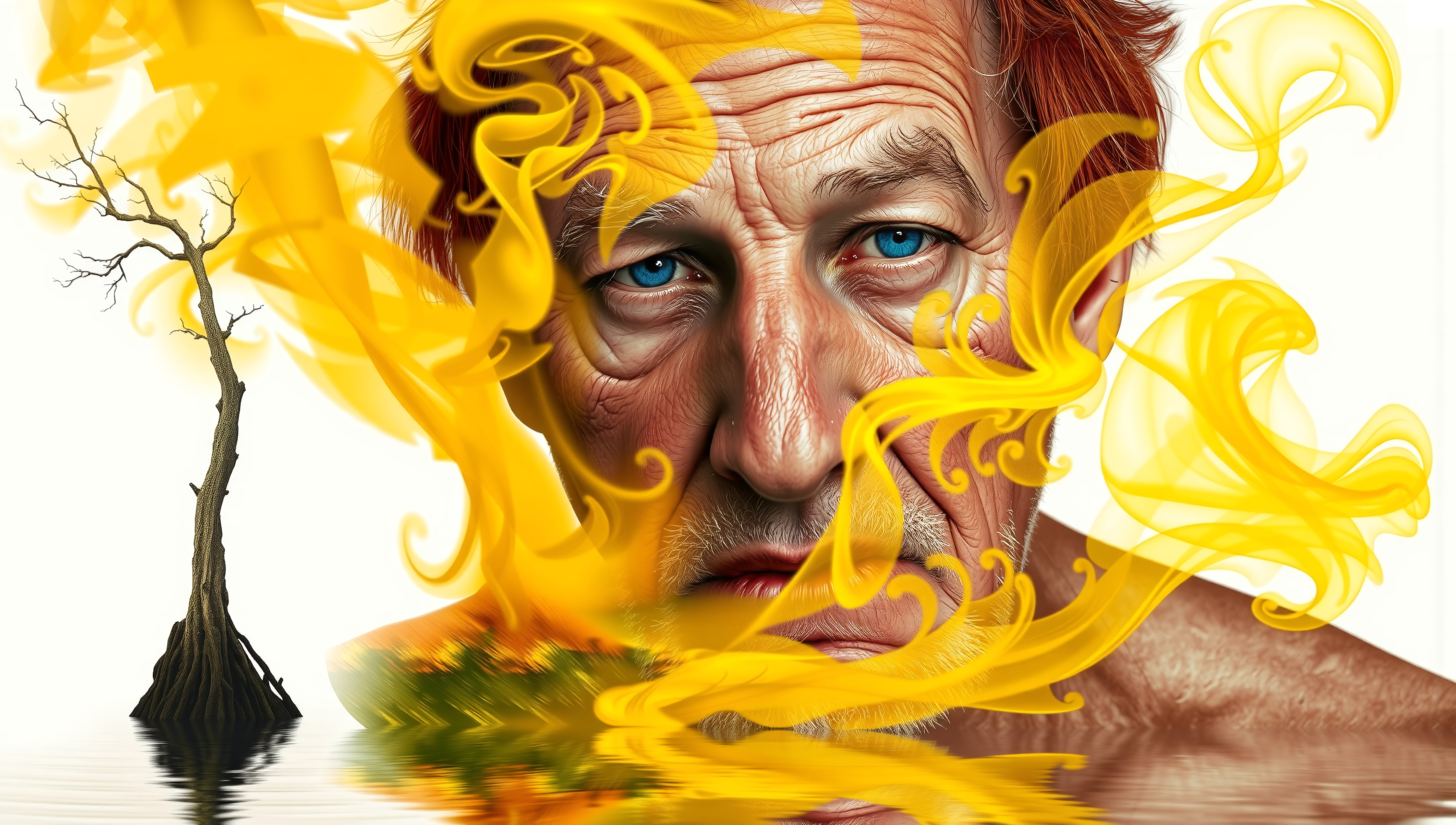 Surreal image of an elderly man's face, vibrant yellow swirls, and a solitary tree reflected in water.