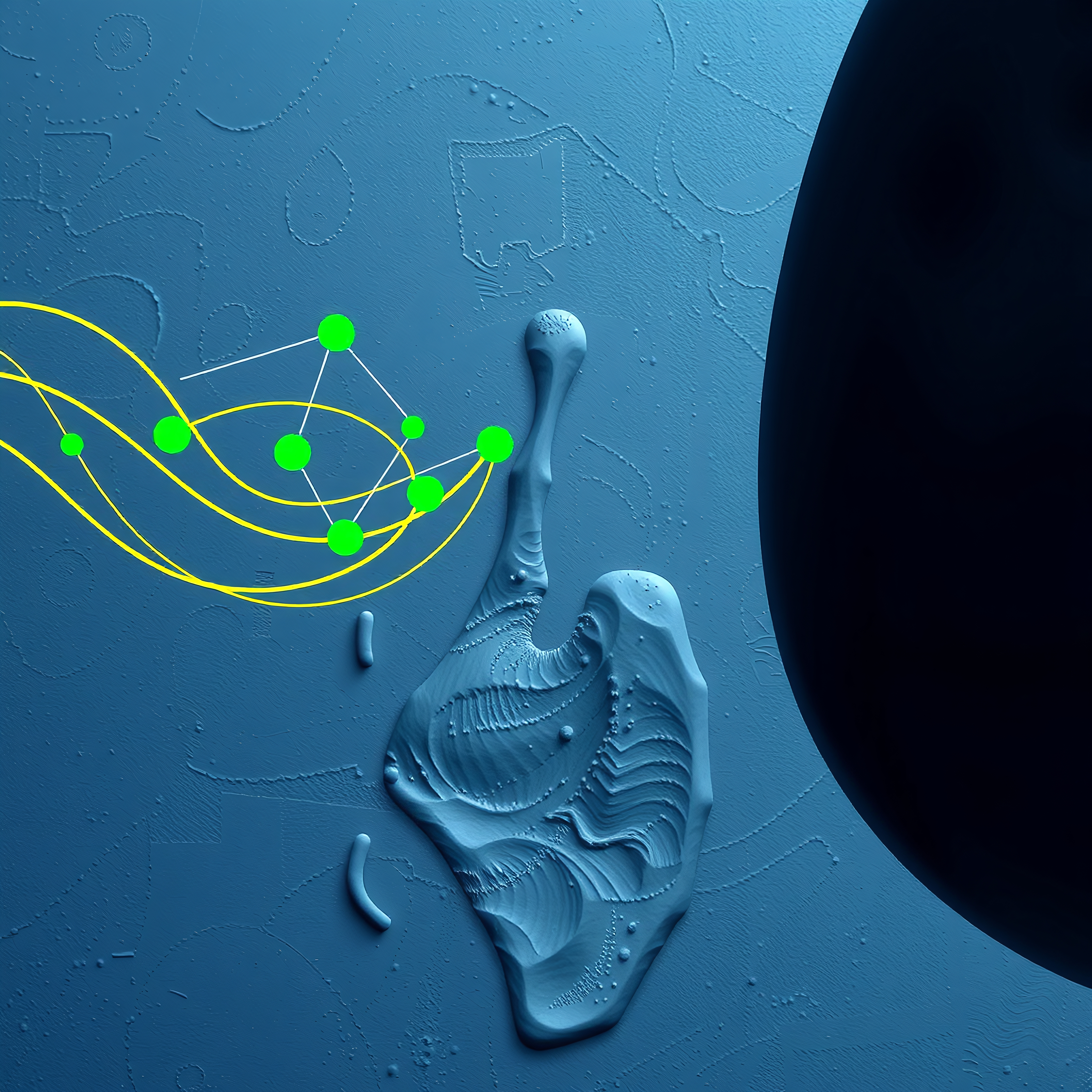 Abstract digital art with green circles and yellow lines forming a network on a textured blue background.