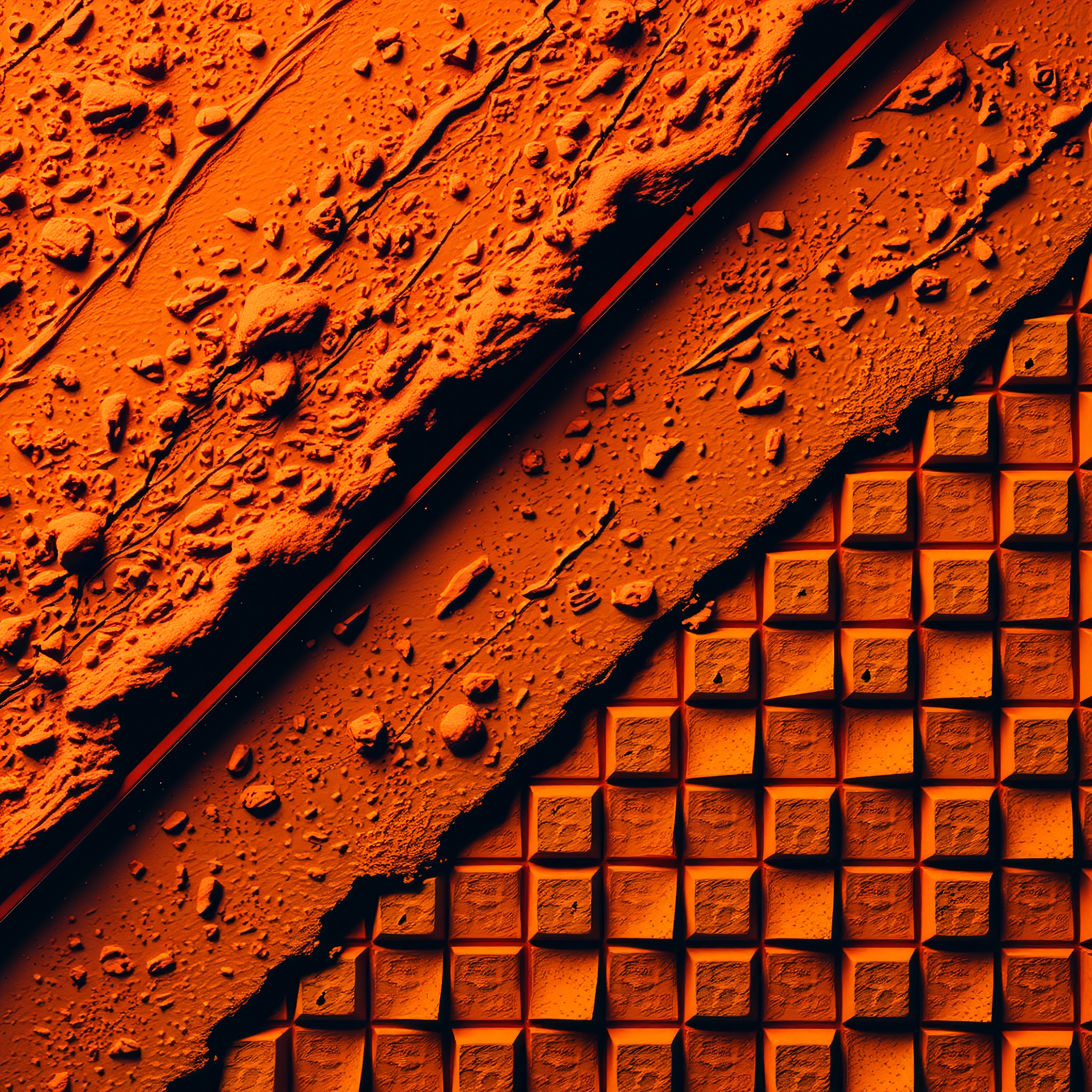 Abstract image with contrasting orange textures, featuring rugged debris and geometric tiles.