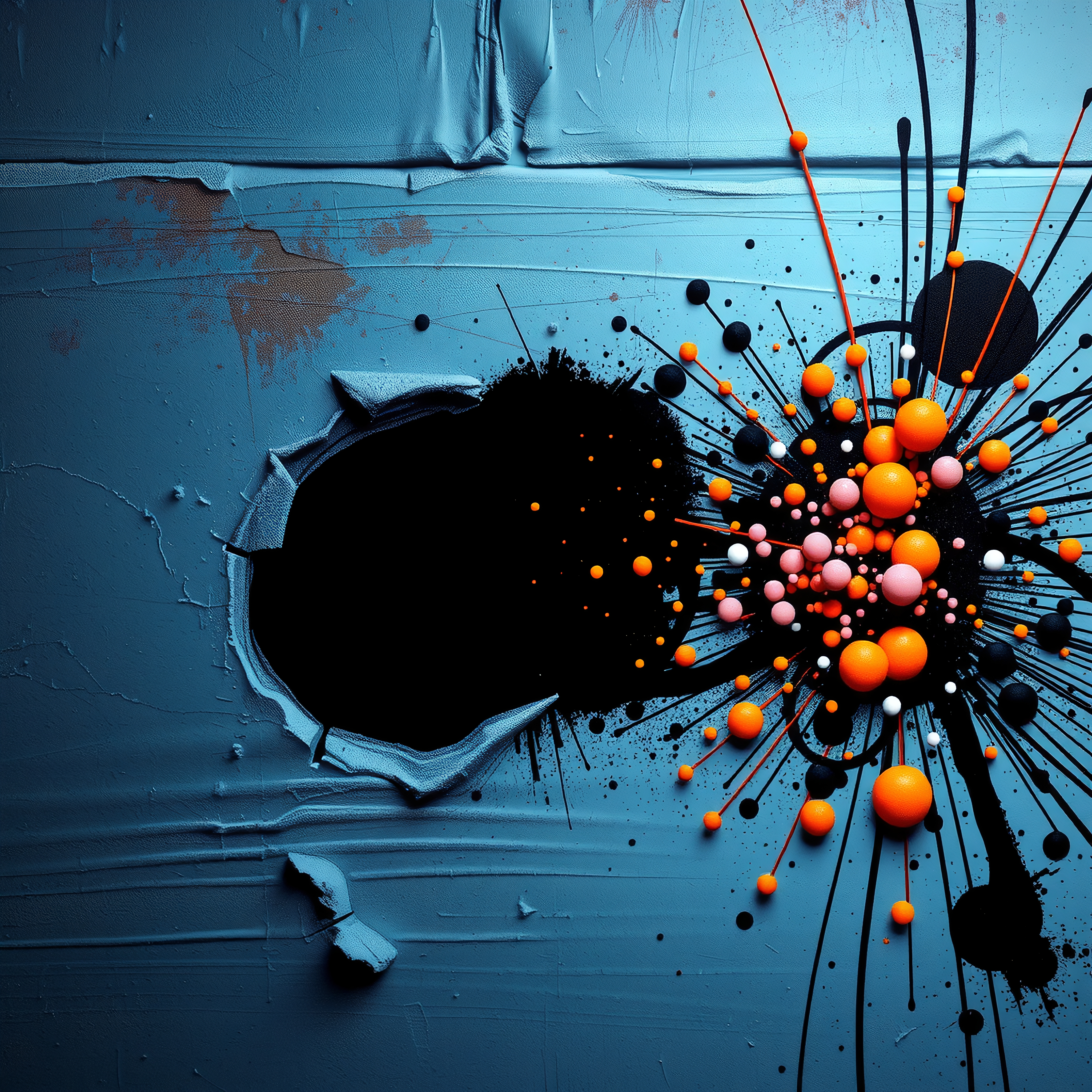Abstract art with vibrant colors bursting from a rough blue canvas, featuring an explosion of orange, pink, and black spheres creating a striking contrast.