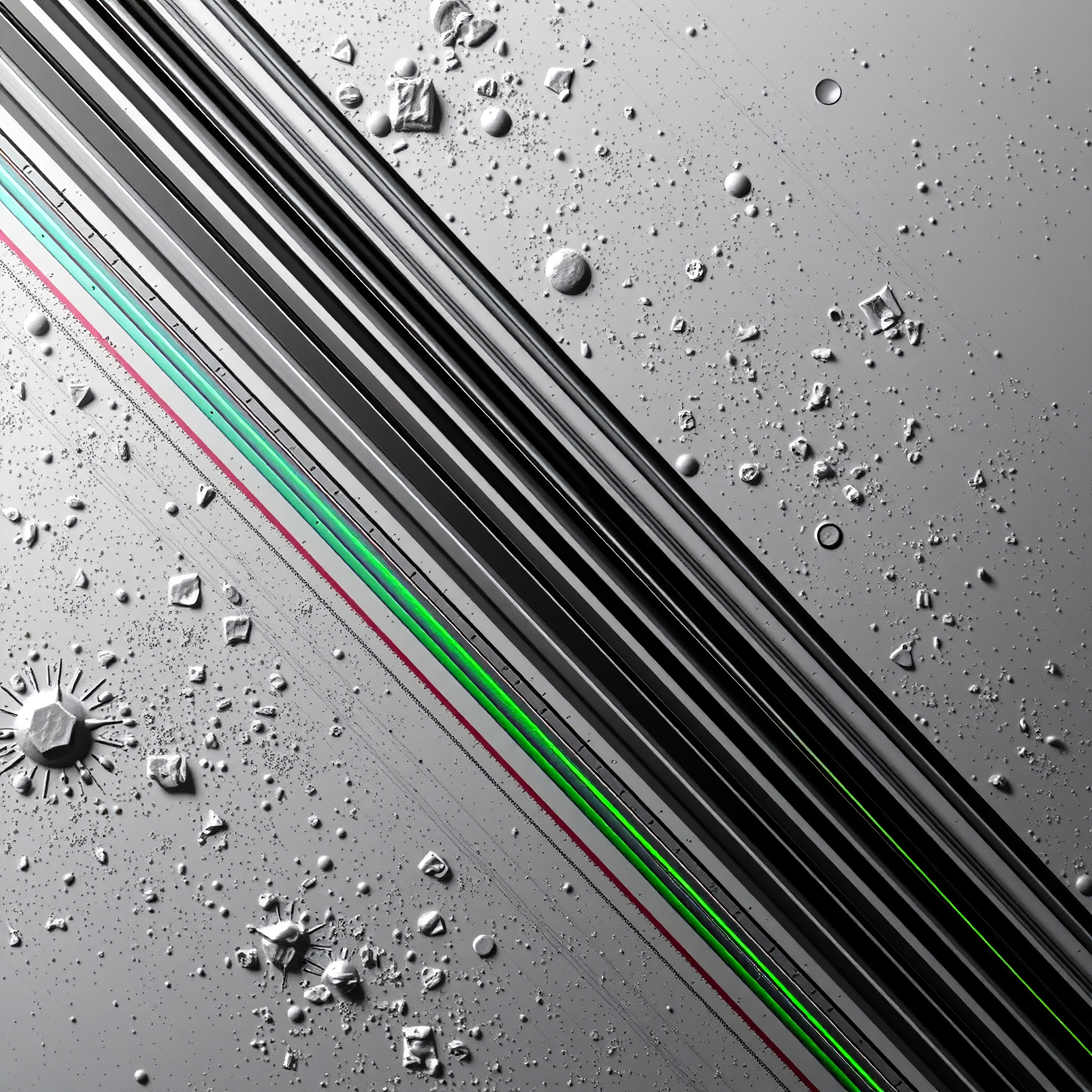 Futuristic geometric image with sleek black lines on metallic grey.