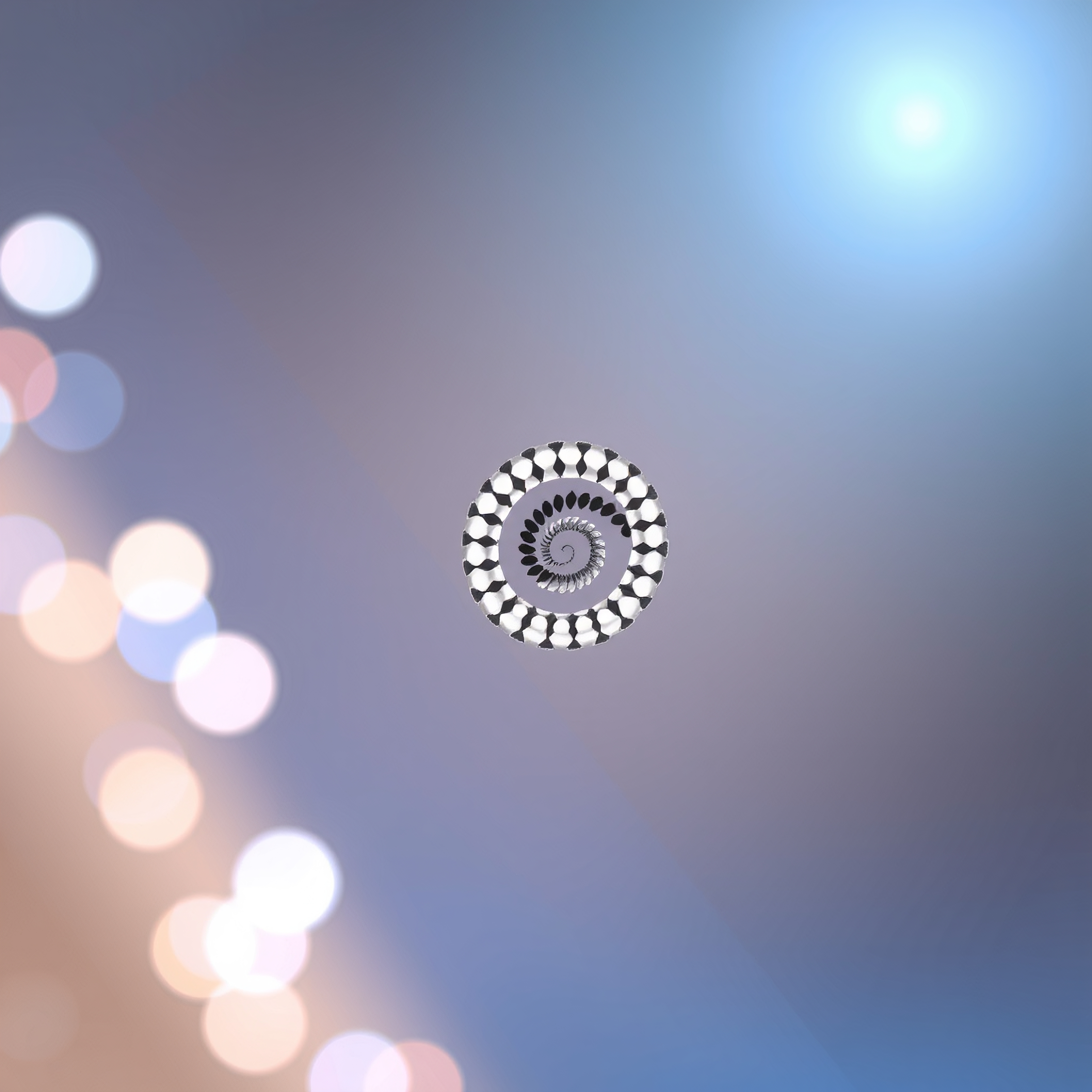 A captivating spiral pattern set against a calming gradient background with bokeh lights.