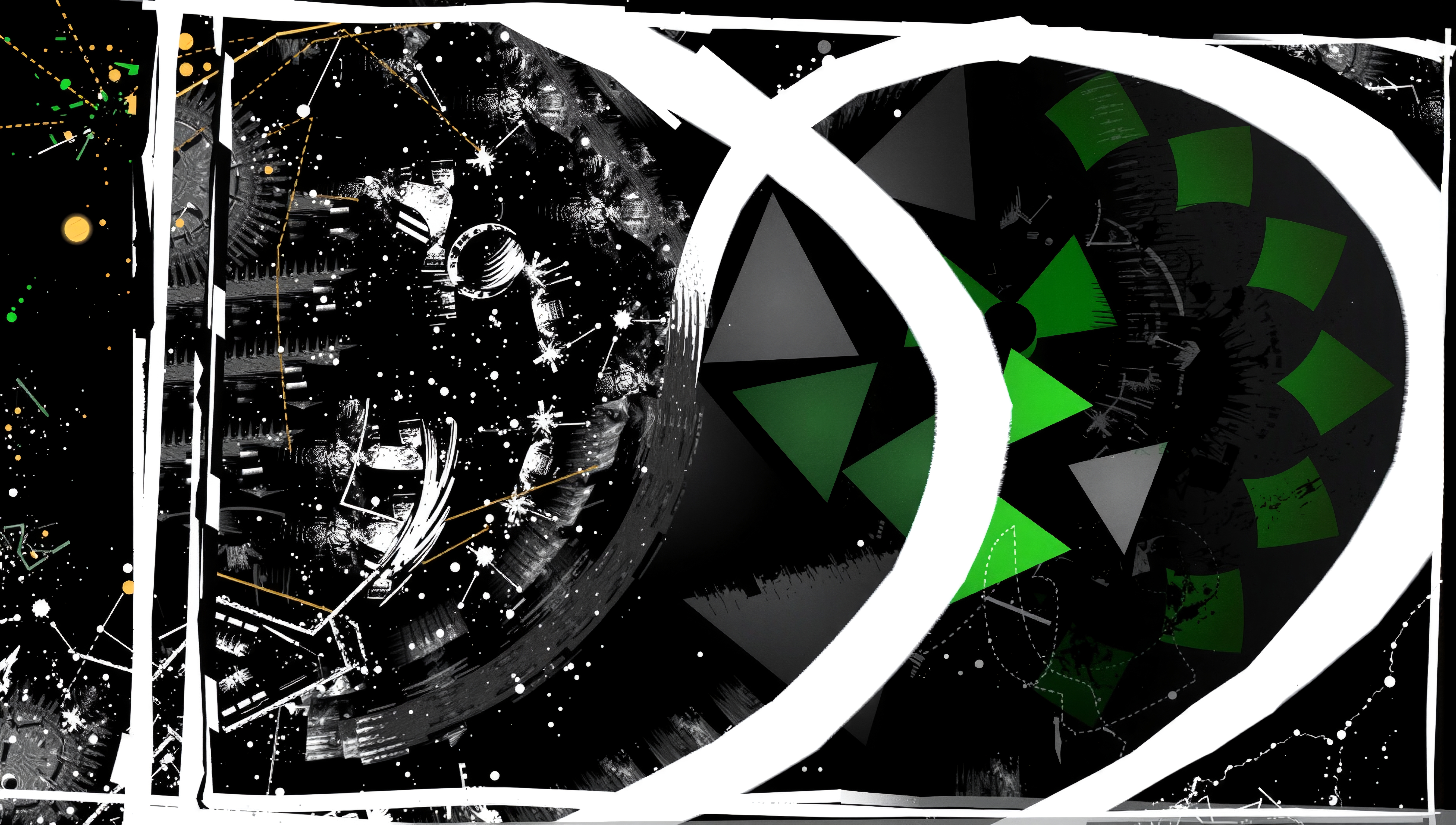 Abstract cosmic artwork with black background, swirling textures, and green geometric shapes.