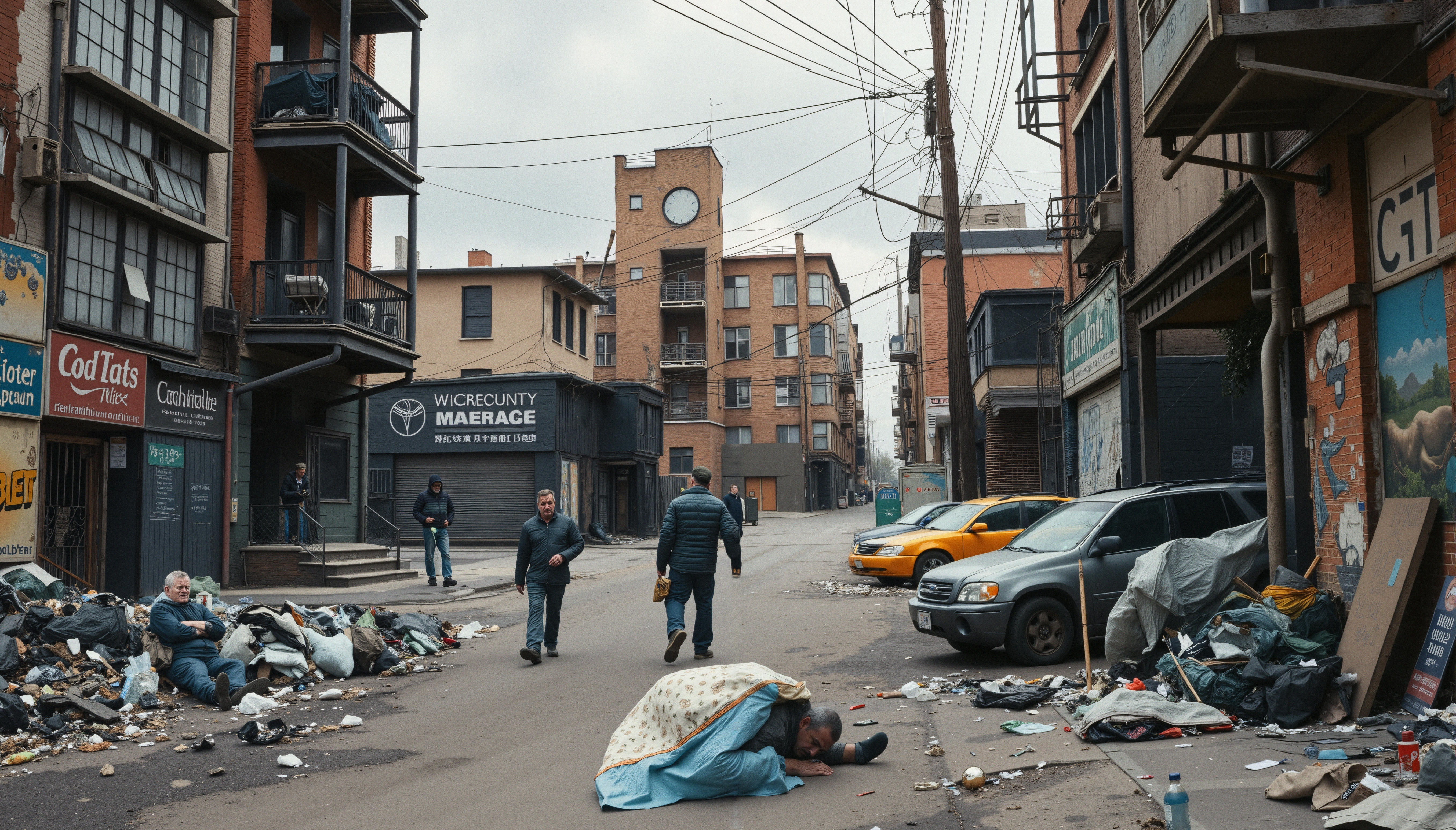 An urban street cluttered with trash and people navigating, amid old buildings and parked cars.