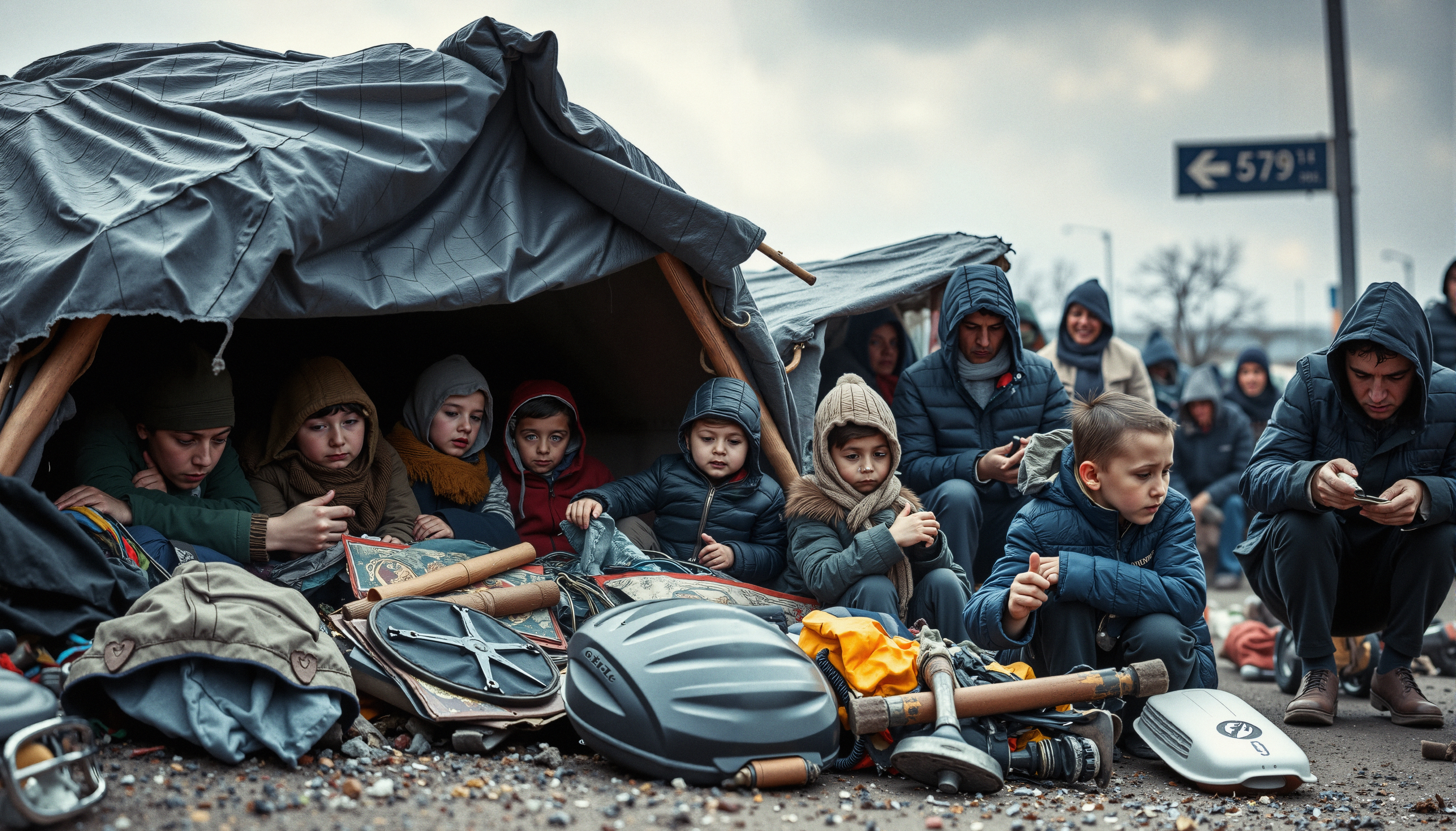 Children and adults huddle under a makeshift shelter on a cold, gloomy day, surrounded by scattered belongings.