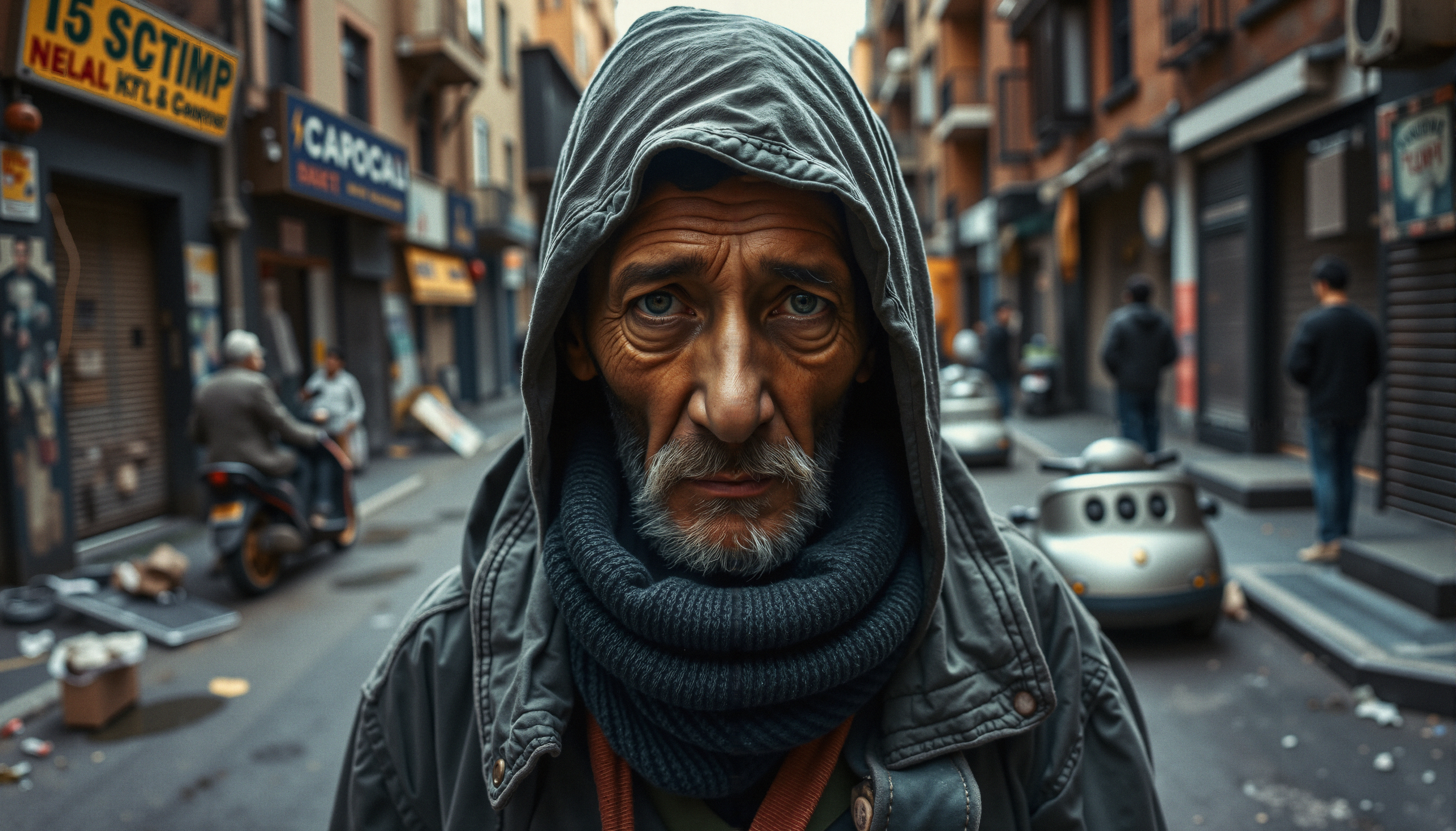 Elderly man in hooded jacket on busy city street.