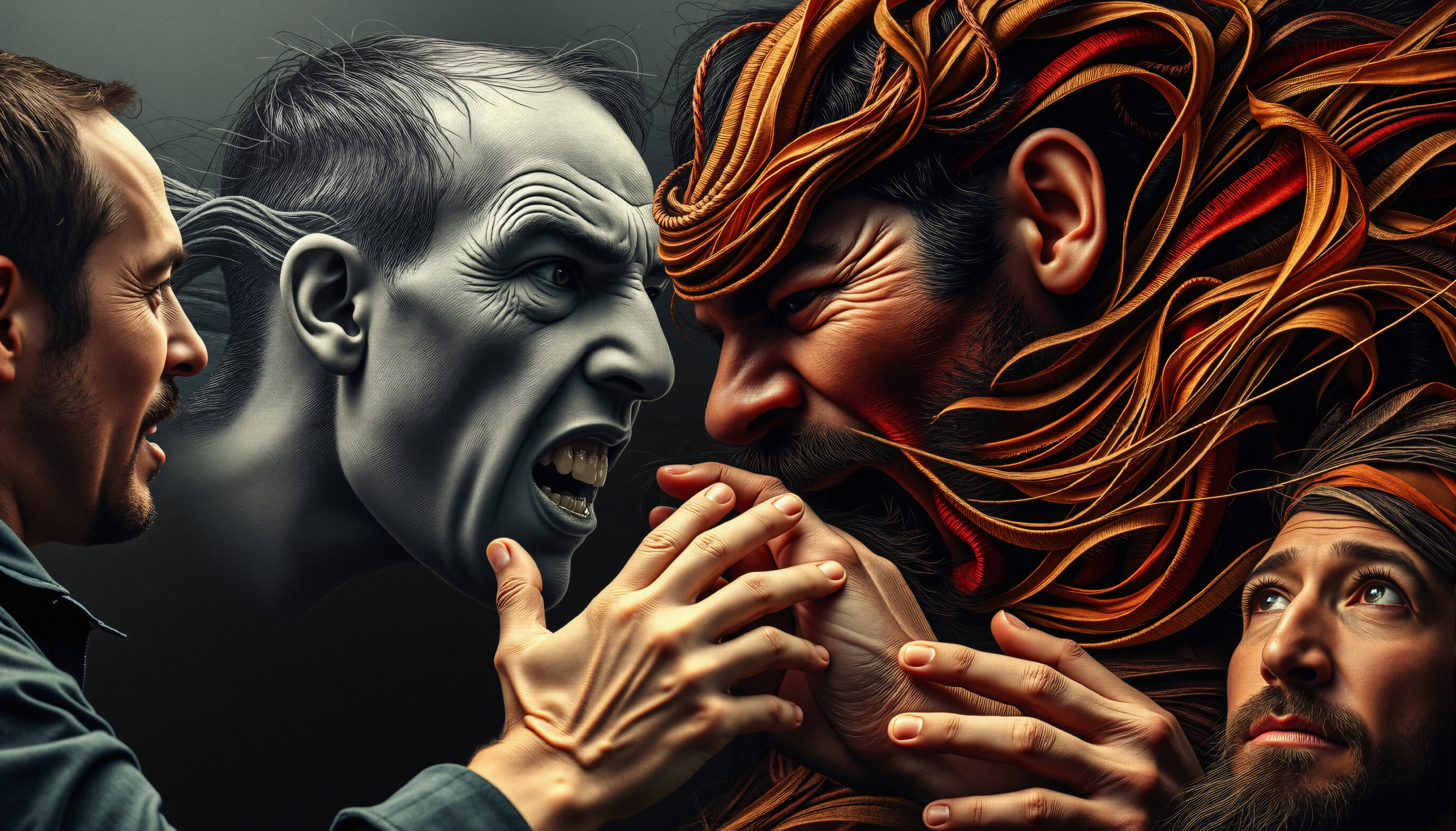 A surreal depiction of three men expressing intense emotions and internal conflict, with vibrant and dramatic elements.