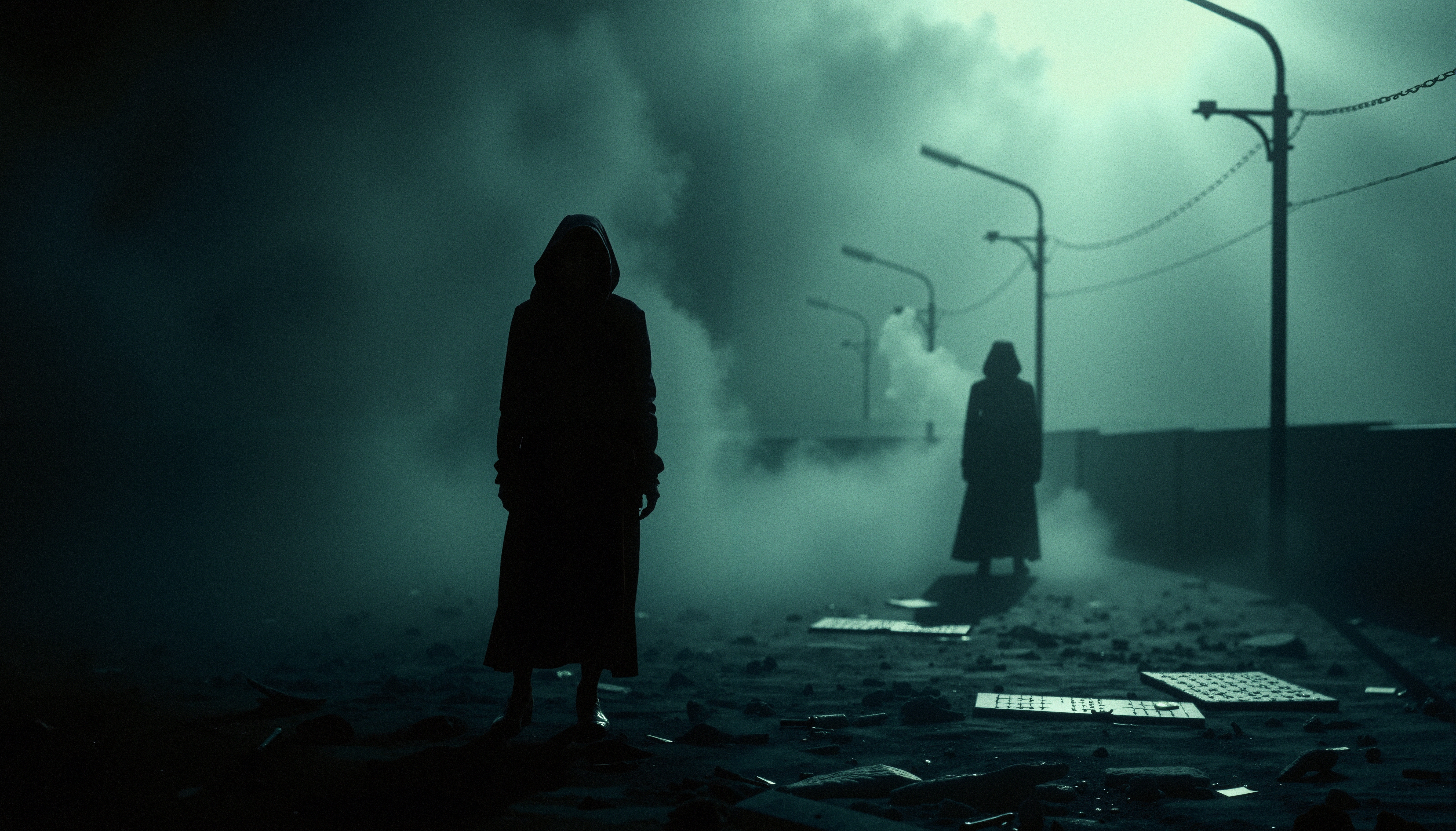 Silhouetted figures in foggy night urban scene.