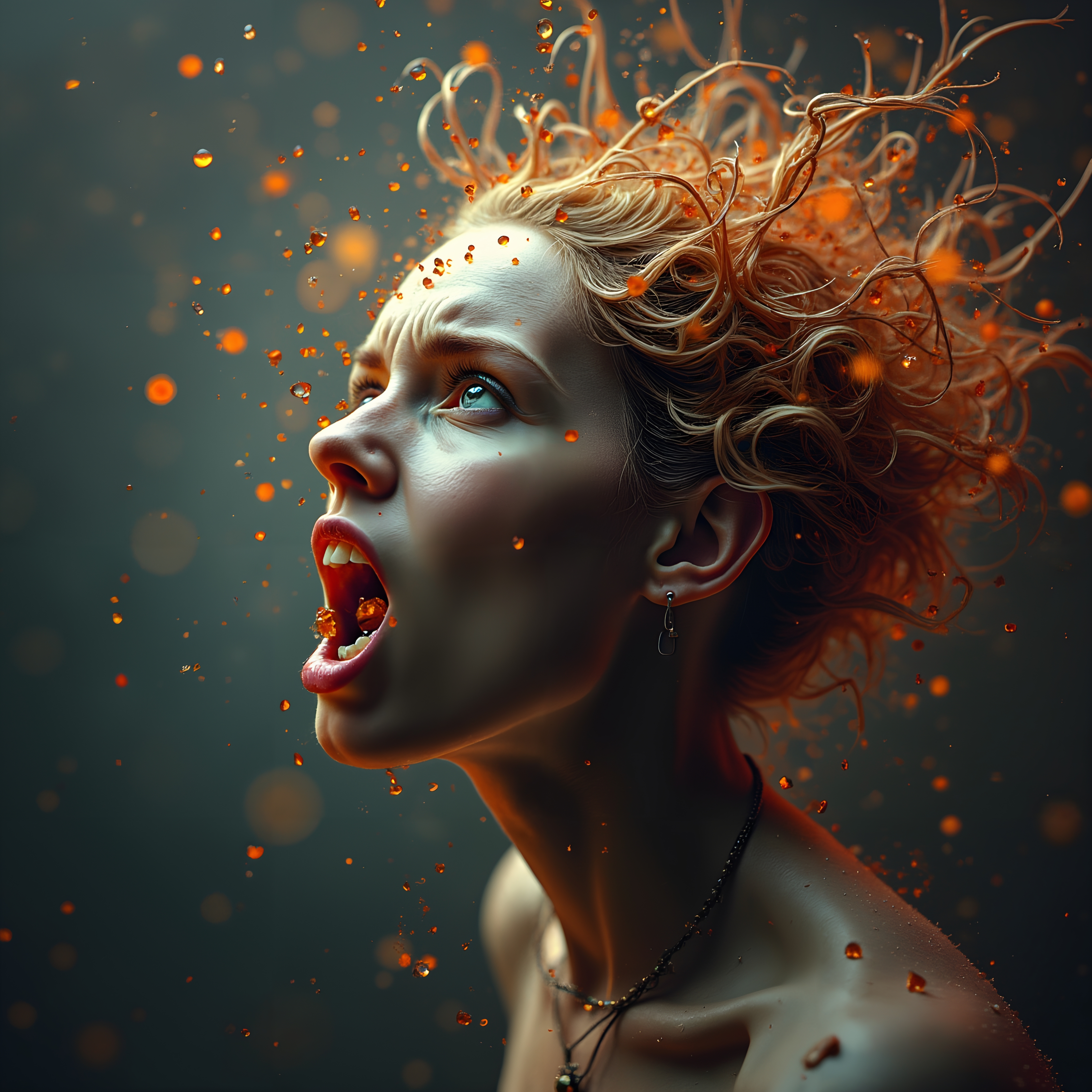 A woman with curly, golden hair expresses emotion with vibrant orange droplets in a dynamic portrait.