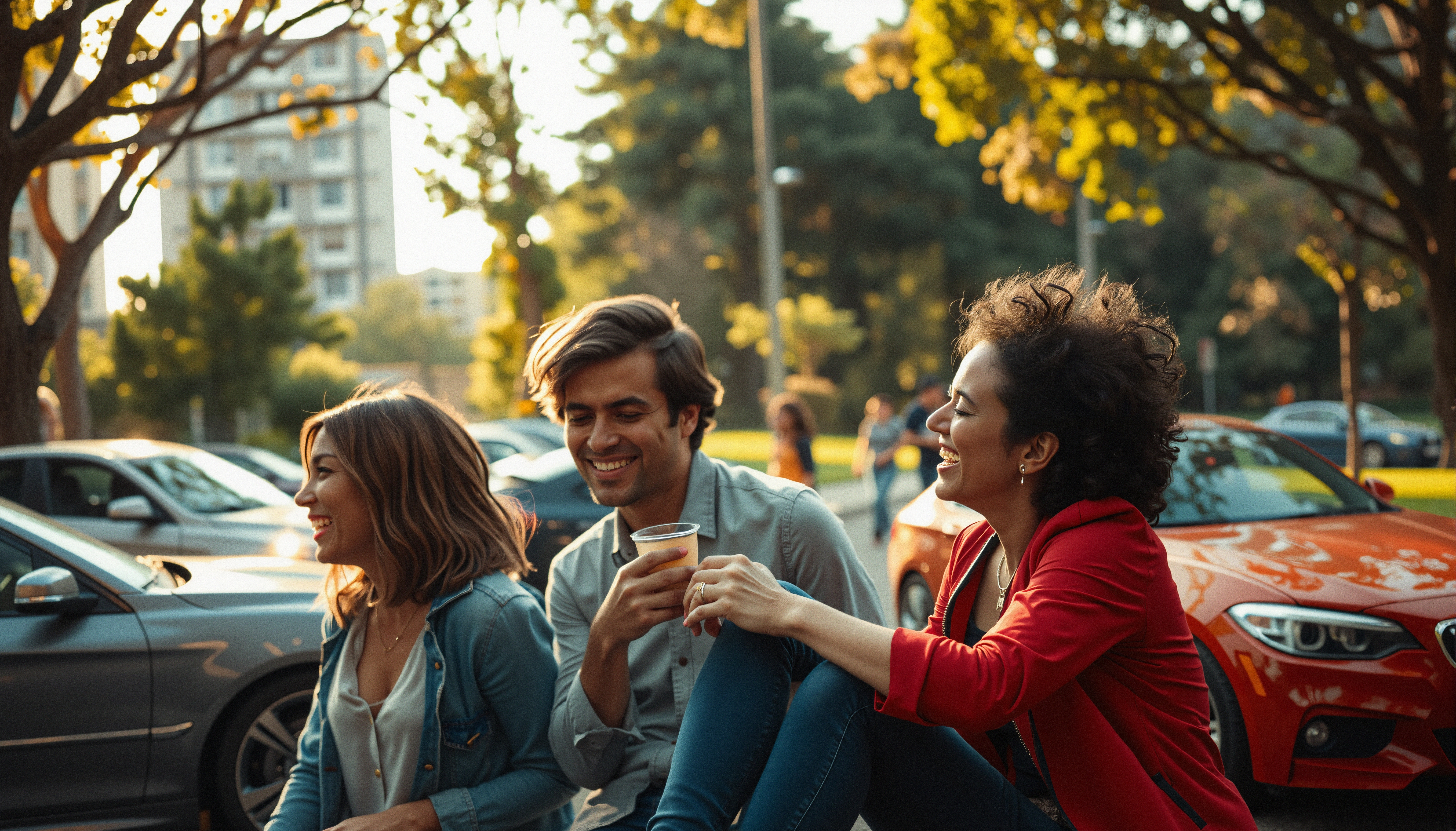 Three friends sit together, sharing a moment of joy and laughter.