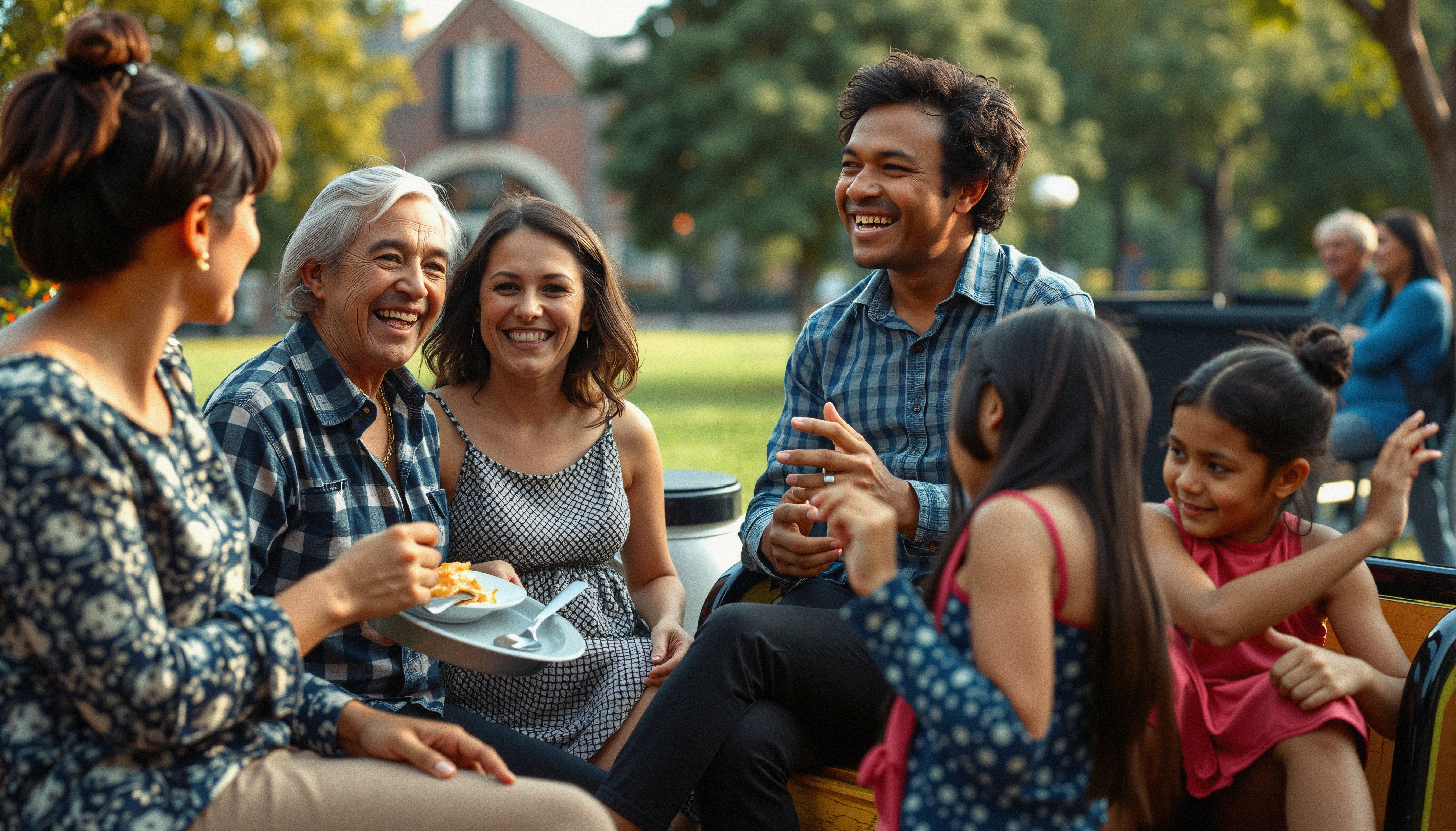A diverse group enjoys a joyful outdoor family gathering in a sunny park setting.