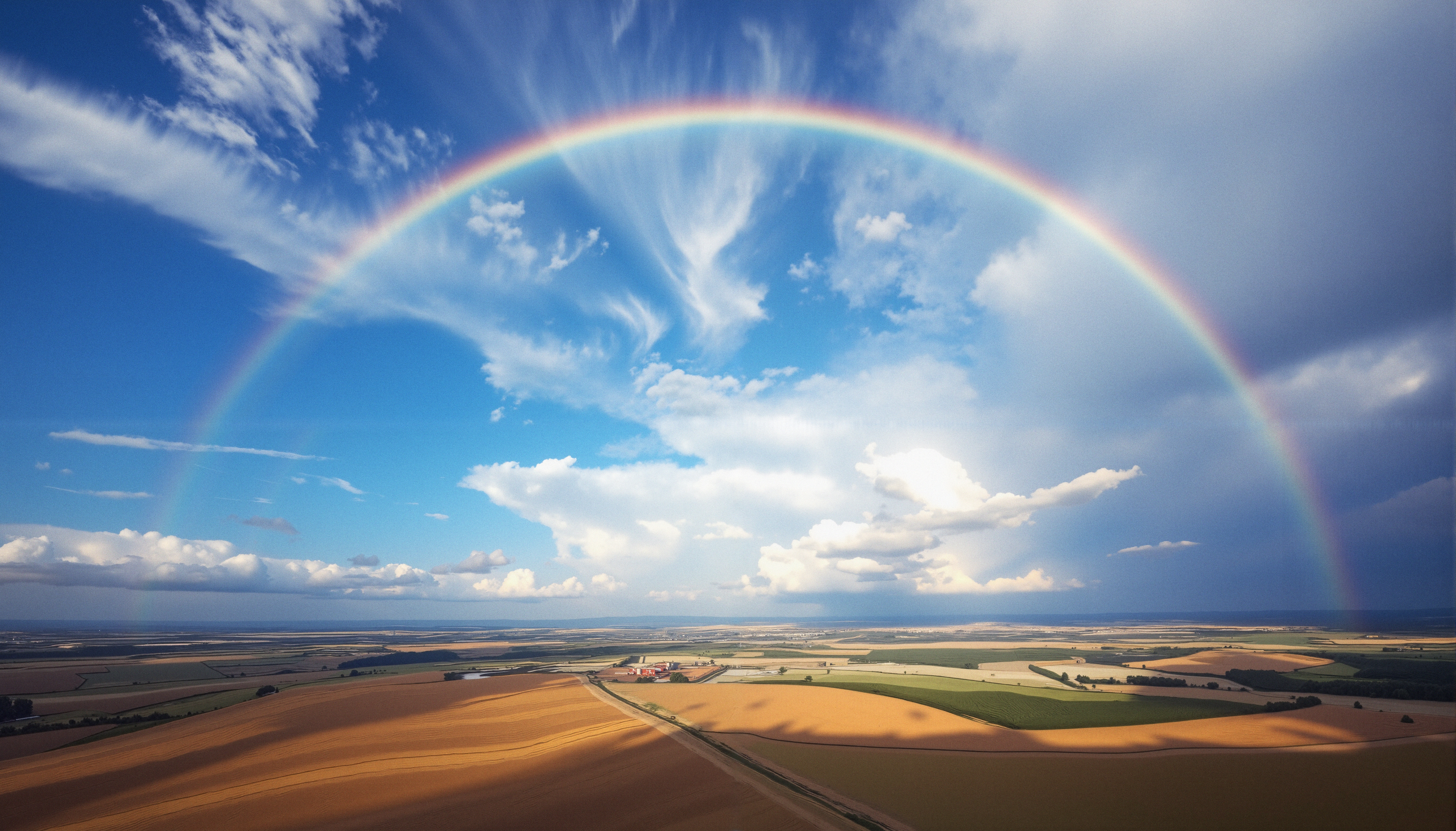 A vibrant rainbow arches over a panoramic rural landscape.