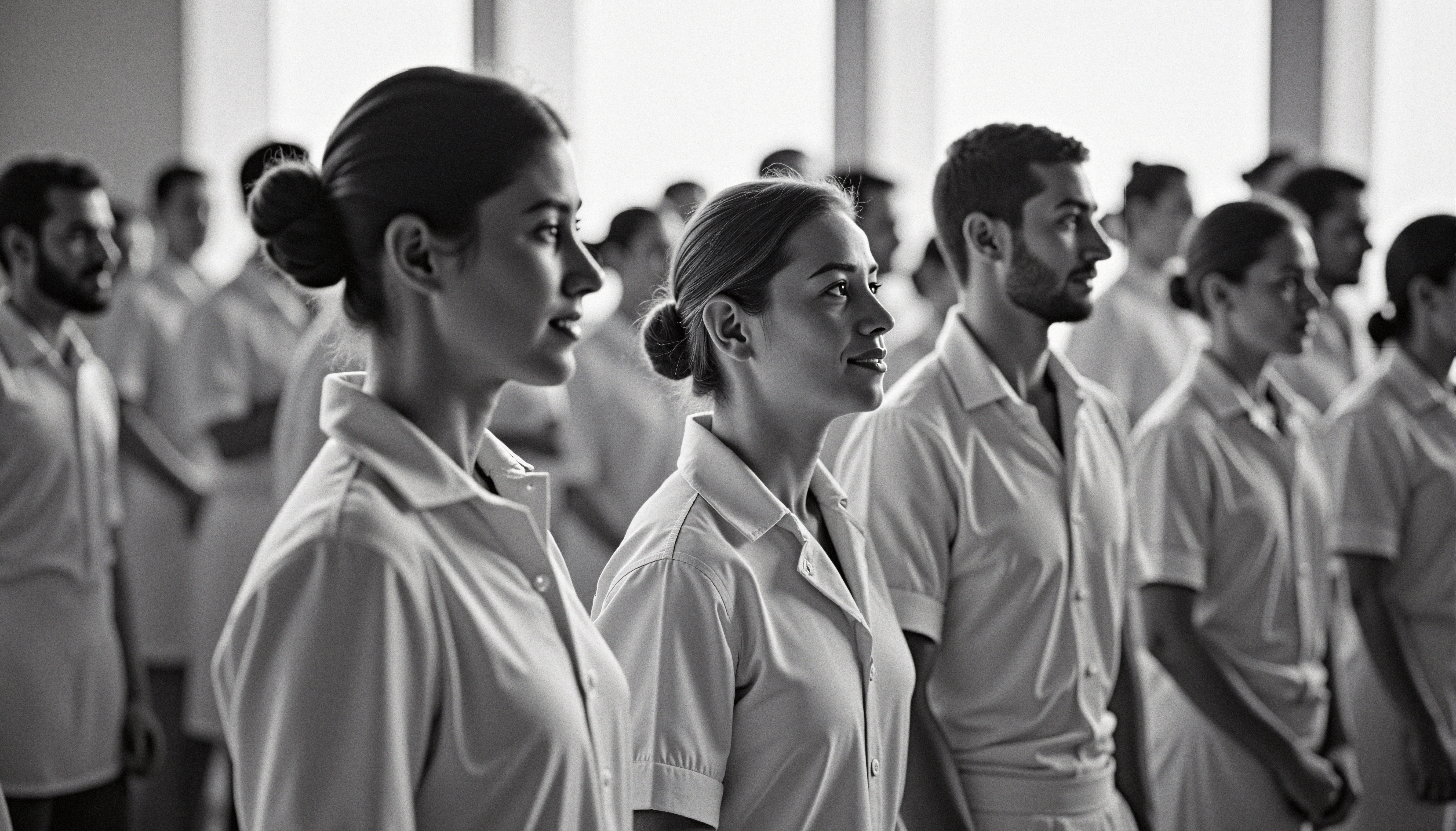 Black and white photo of people standing in formation wearing white uniforms in a softly lit room.