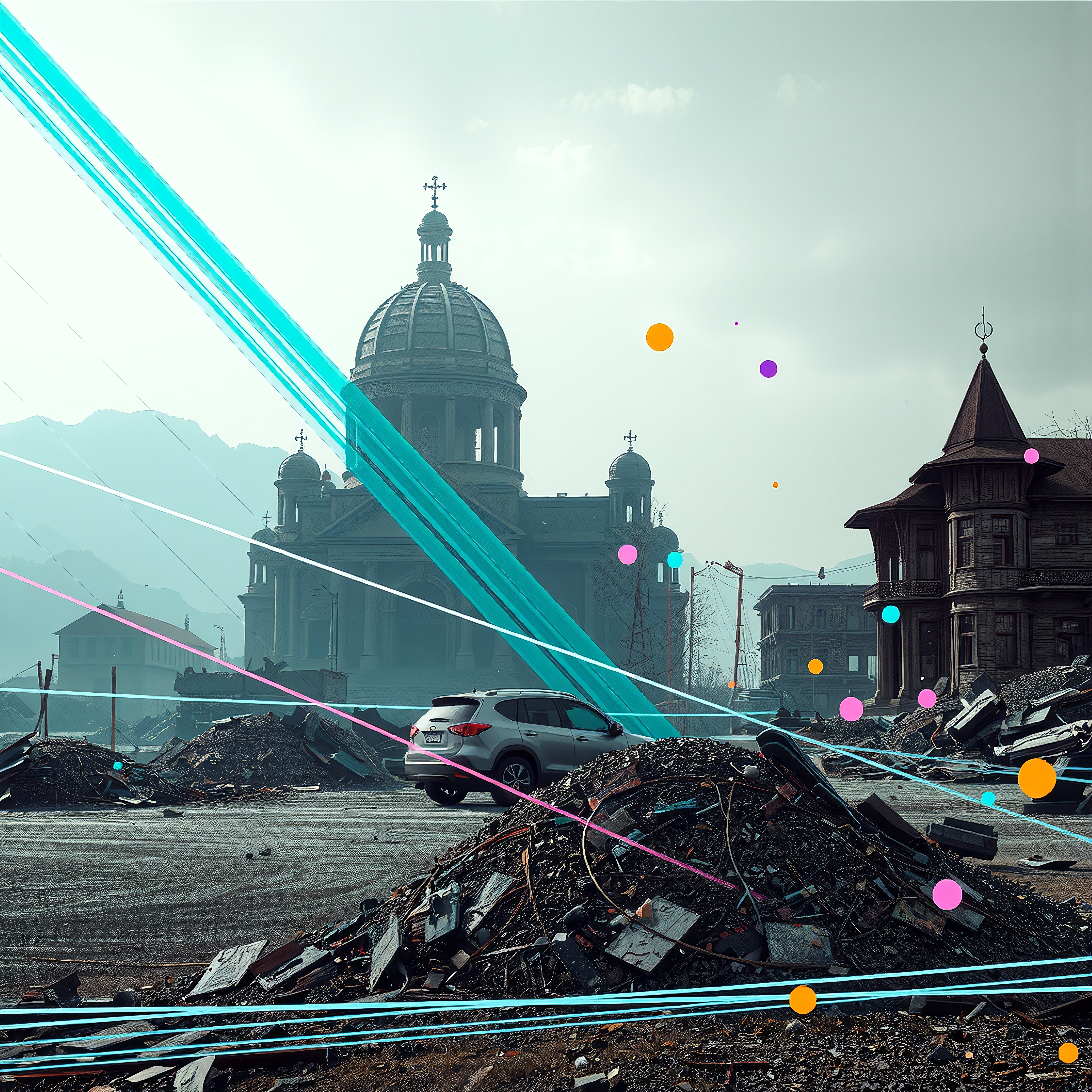 A post-apocalyptic urban scene with classical architecture, digital enhancements, and dramatic contrasts.