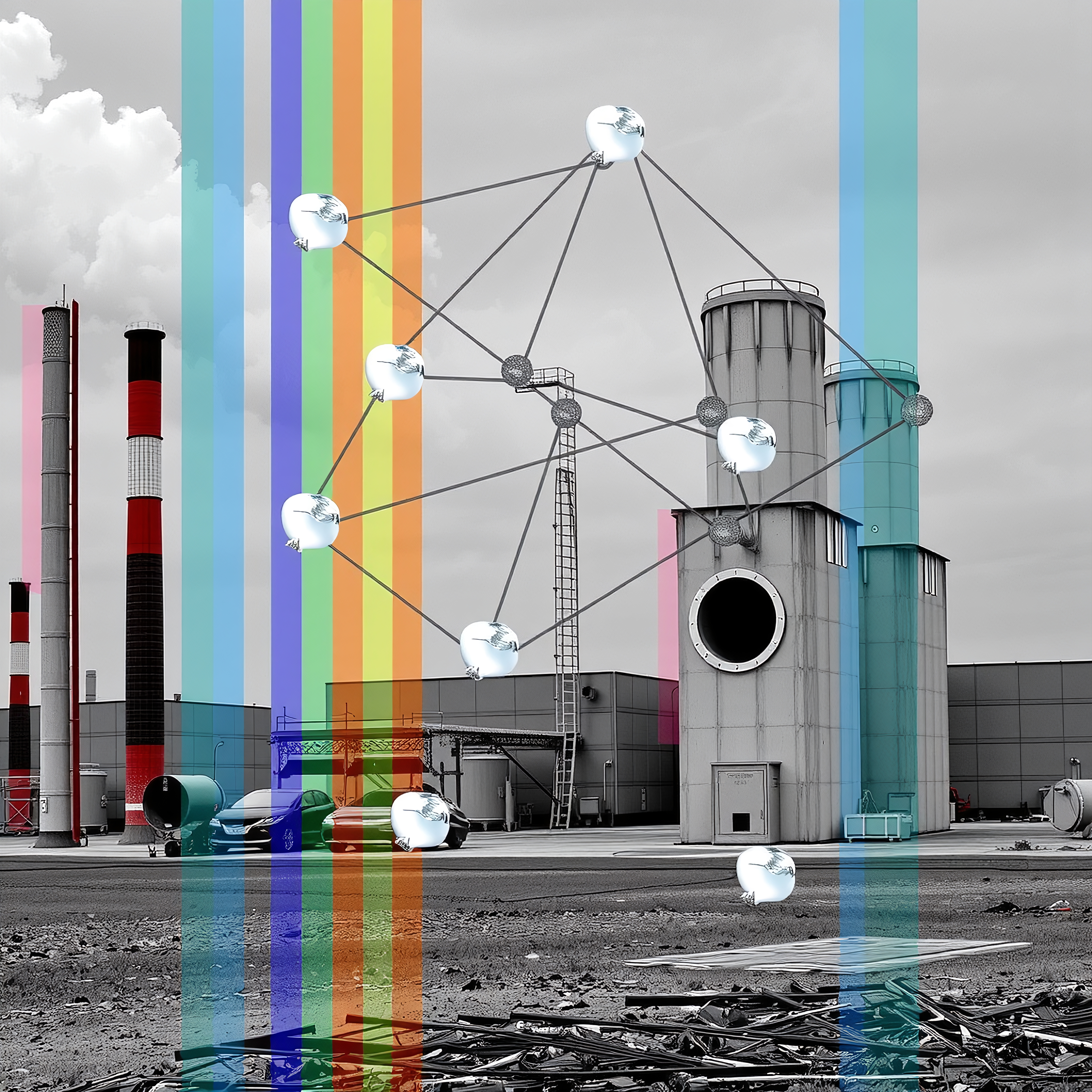 Colorful industrial art scene with molecular structures and chimneys.