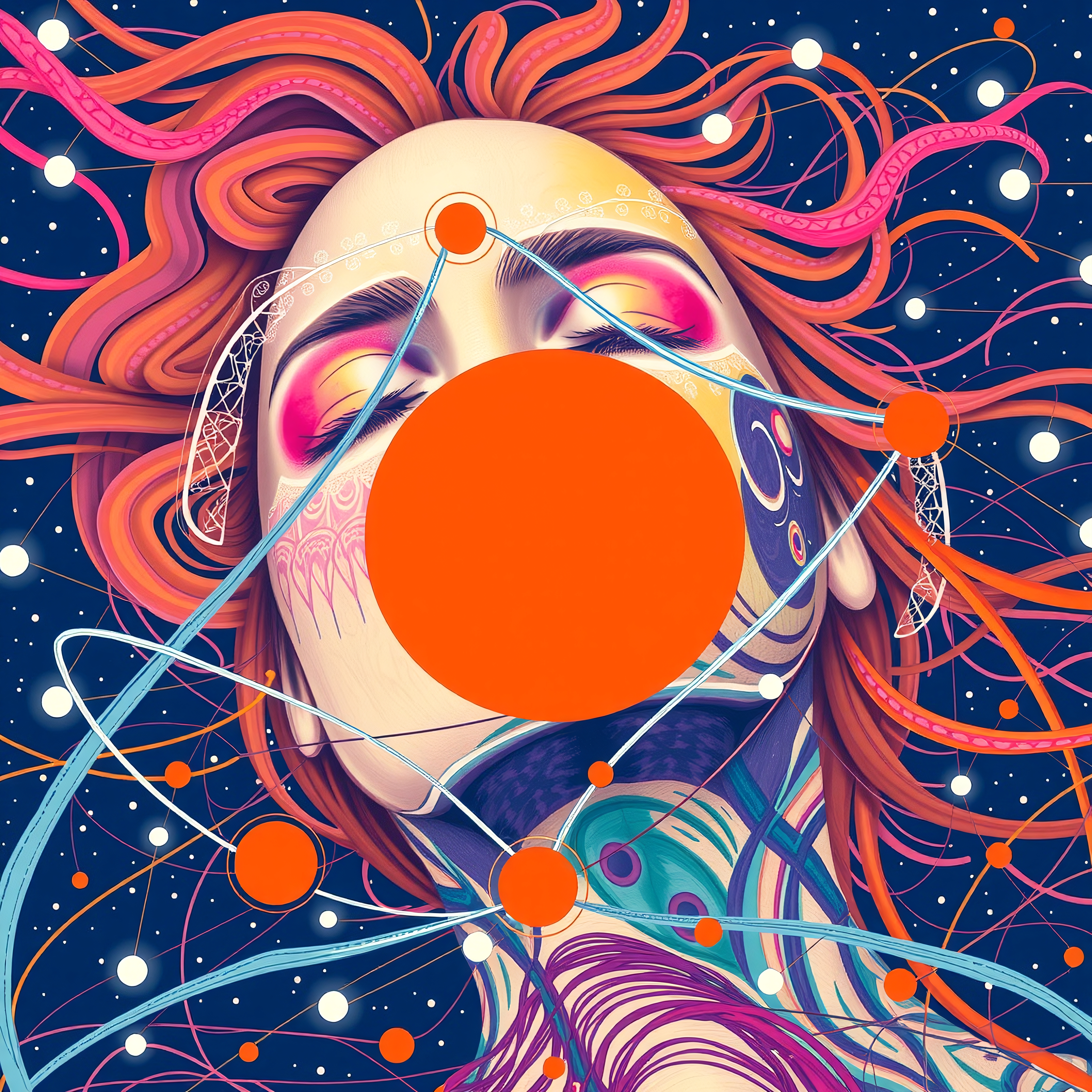 Surreal cosmic portrait with vibrant colors and geometric shapes.