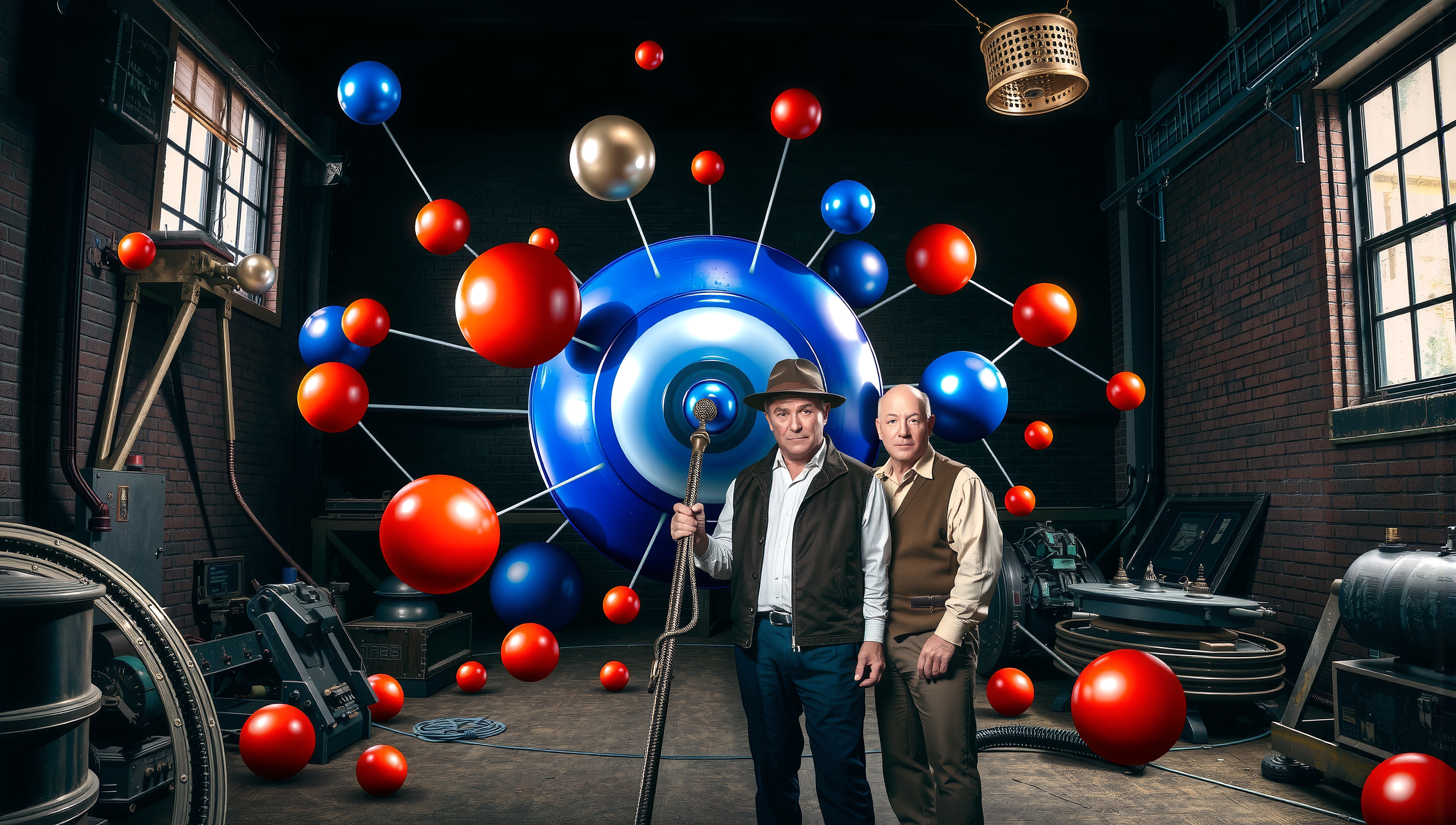 A vibrant, industrial scene with colorful molecular spheres, two men, machinery, and natural lighting.