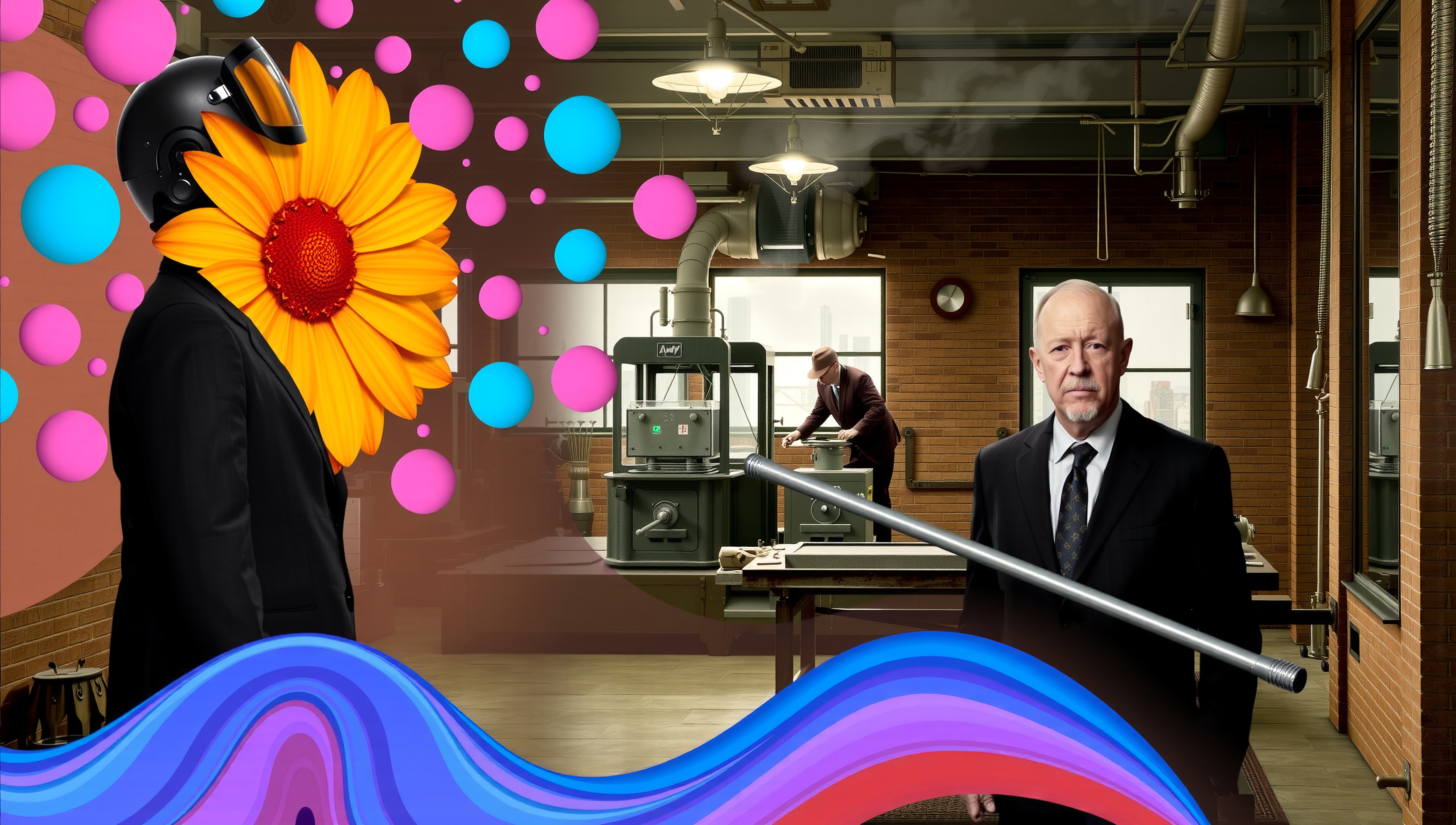 A surreal industrial scene featuring floating spheres, a man with a sunflower face, and vibrant colors.