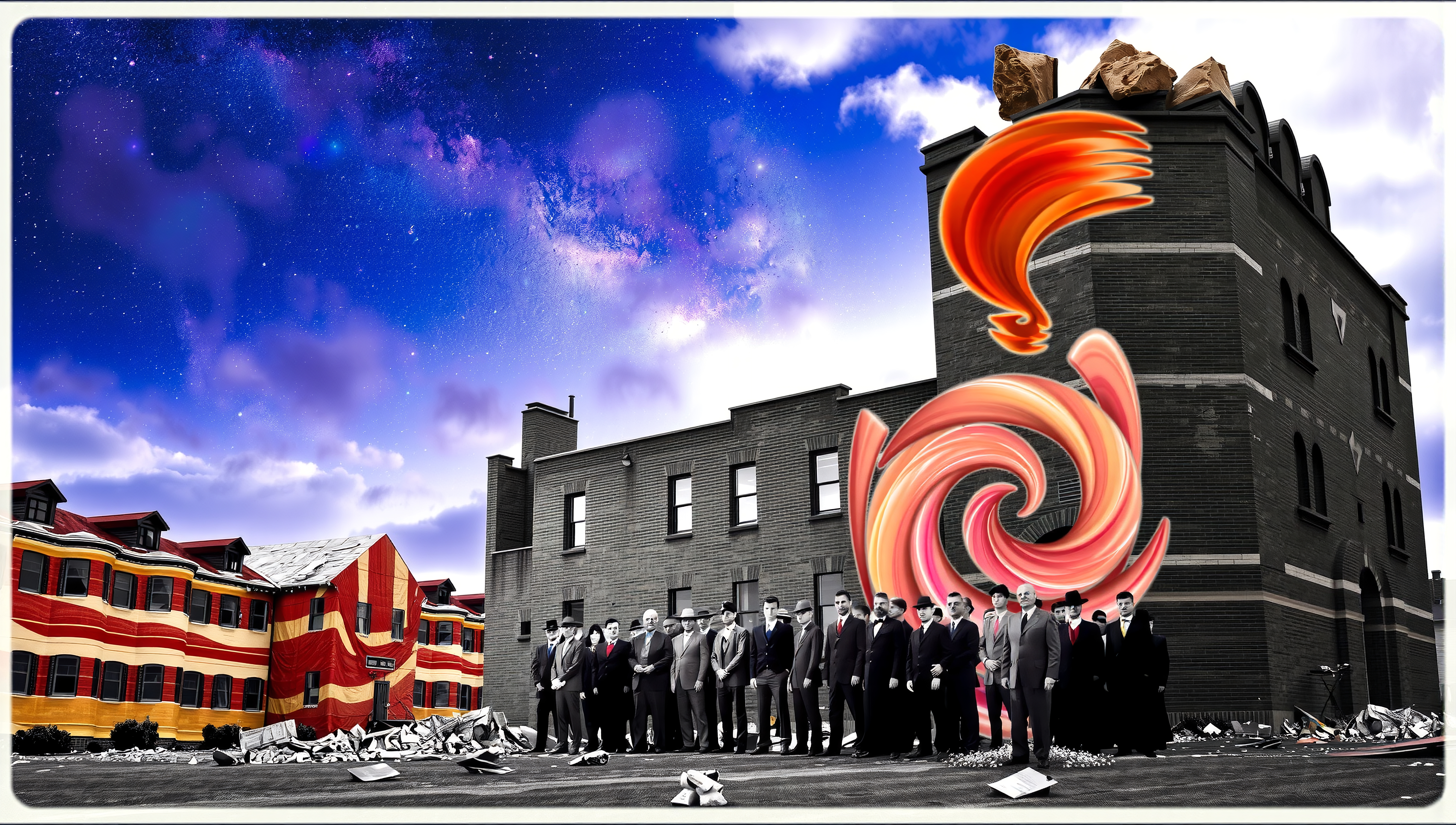 A group of people stands in front of a surreal cityscape with a cosmic sky and abstract forms.