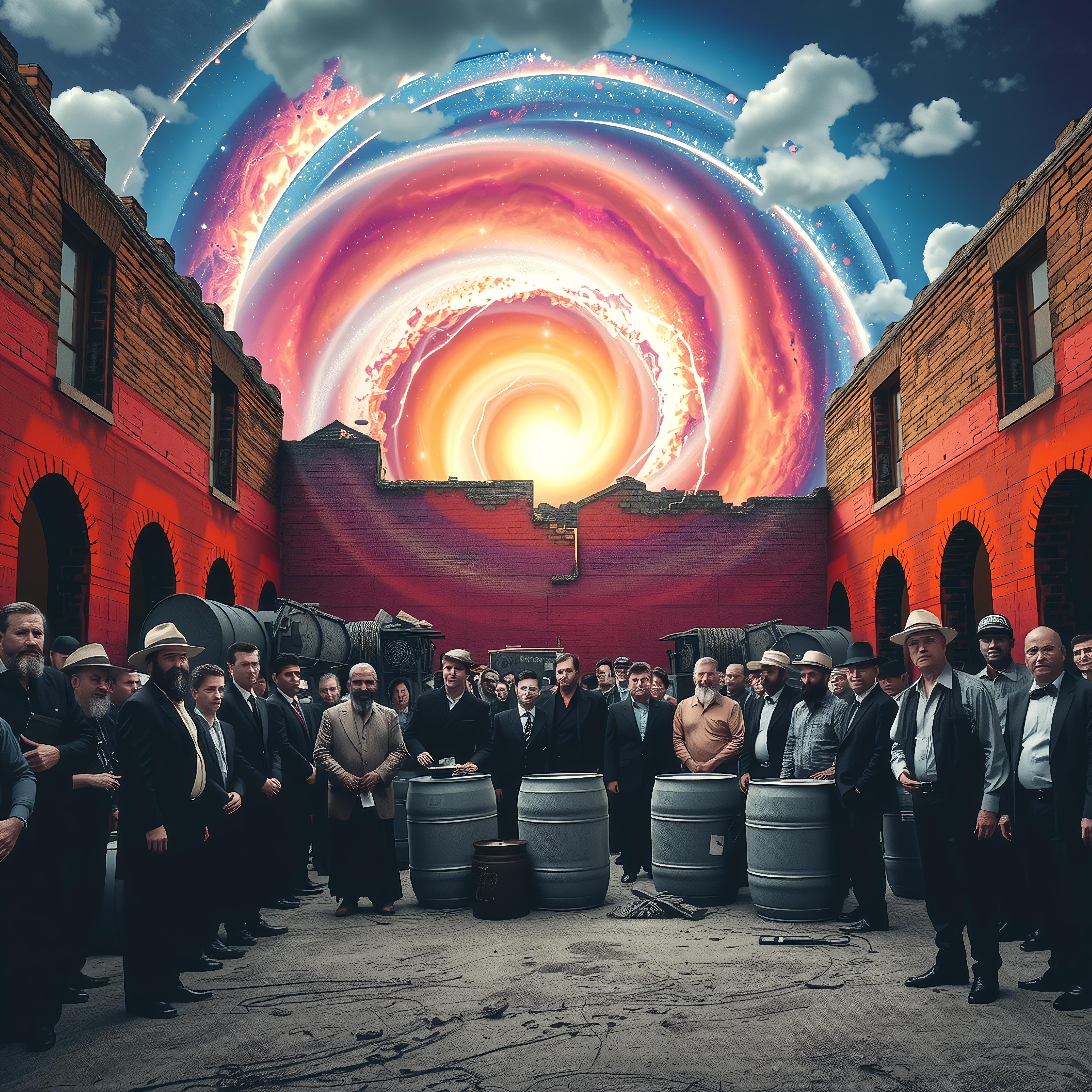 A group gathers in vintage attire under a swirling cosmic sky, blending historical and surreal elements.
