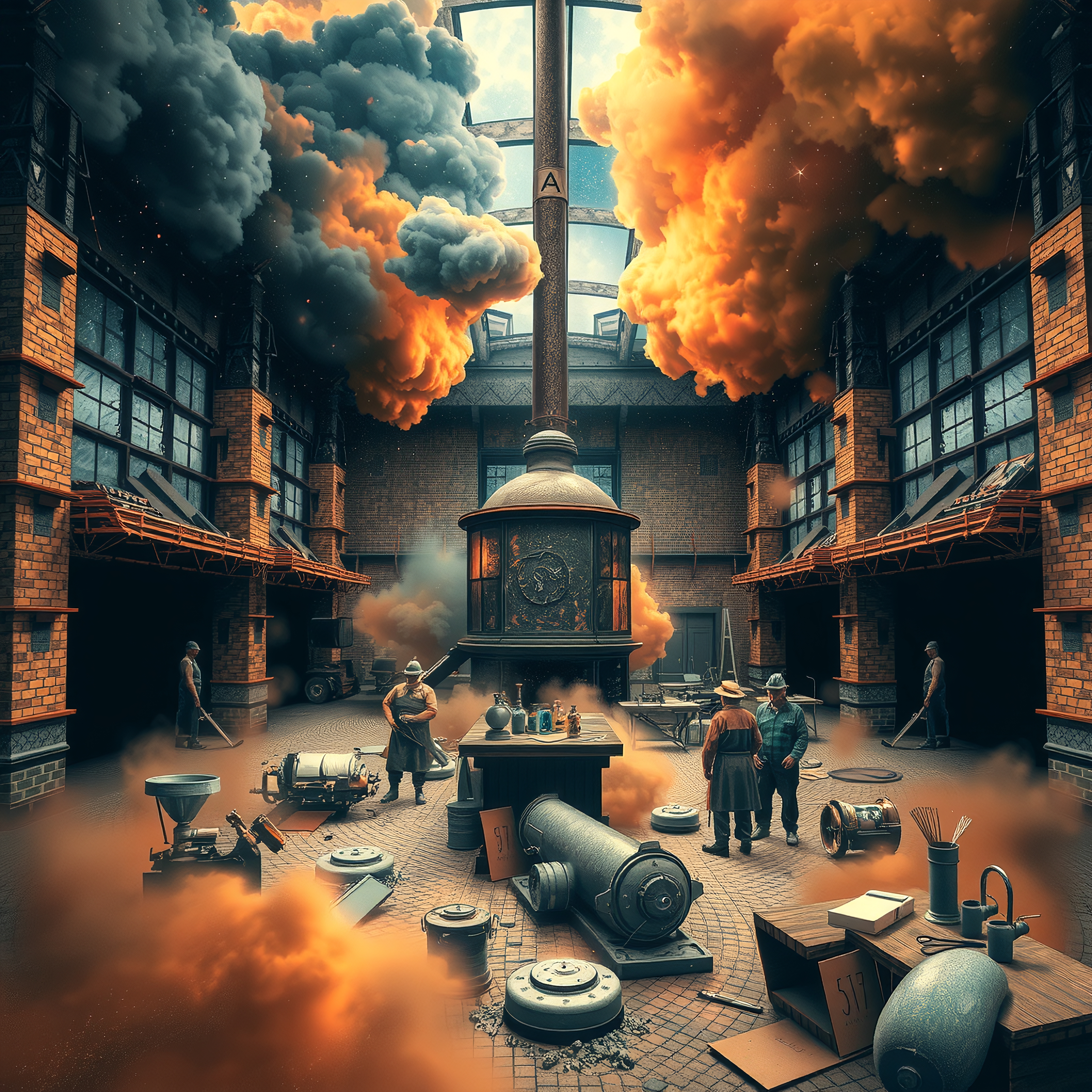 Wide angle view of a bustling steampunk factory interior with machinery and smoke.