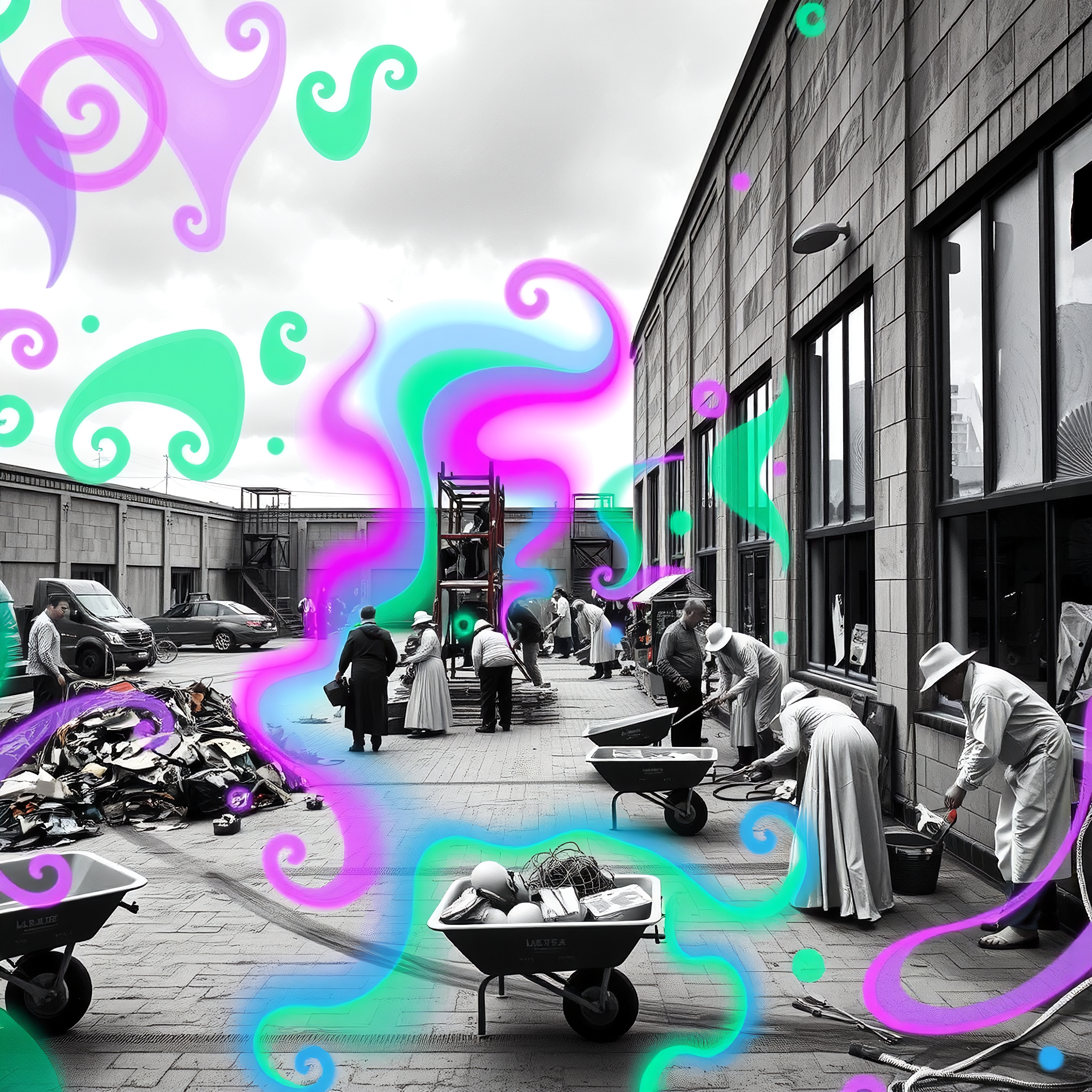 A historical street scene with colorful artistic swirls overlaying people cleaning with wheelbarrows.